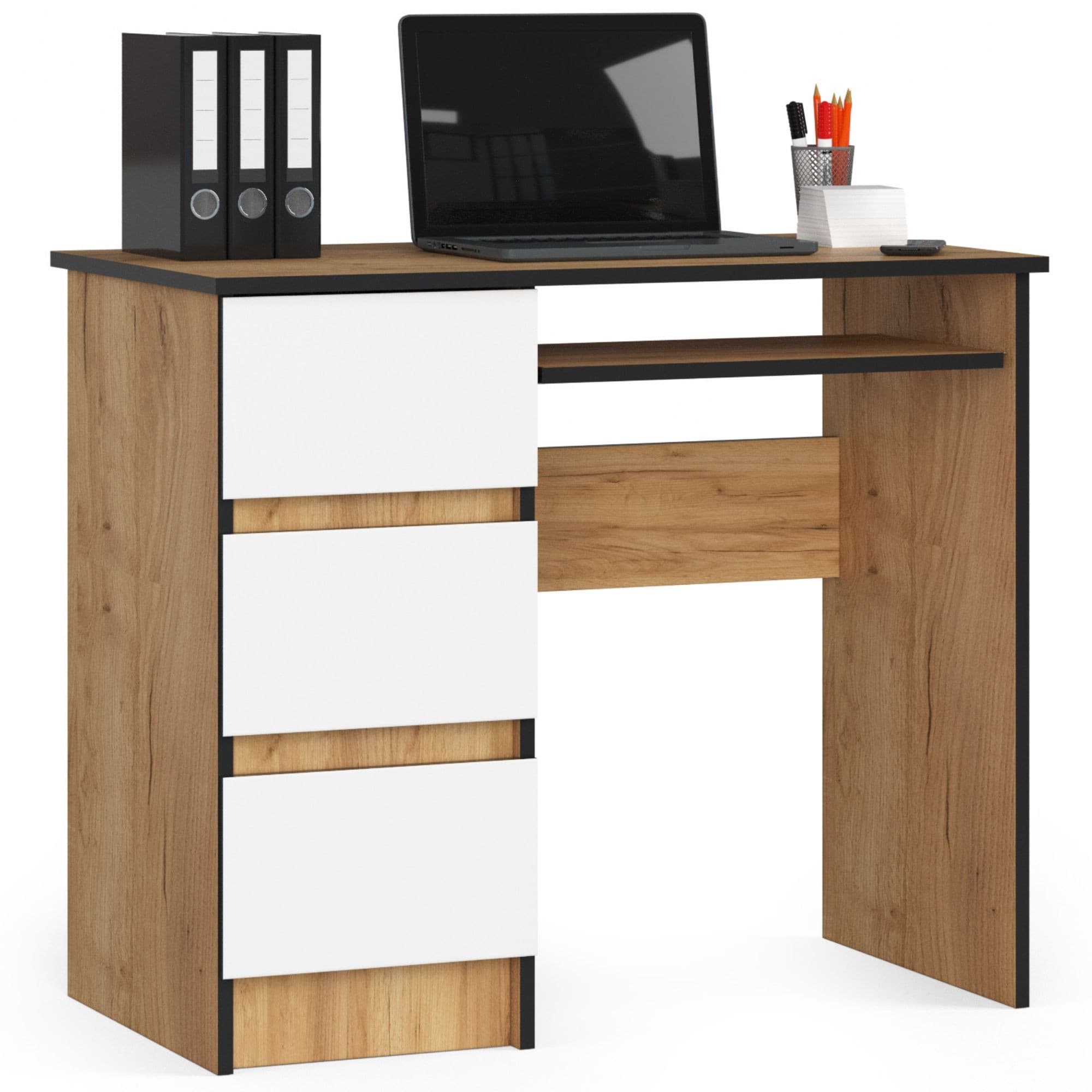 Akord Tietokonepöytä 3 laatikkoa Vasen Craft-tammi/Valkoinen 90x50x77