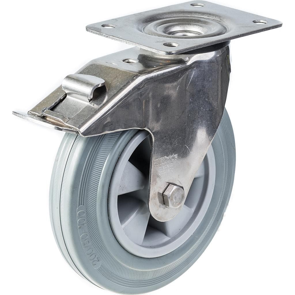 200mm 8 ruostumattomasta teräksestä valmistettu pyörä harmaasta kumista, kääntyvä jarrulla, 205kg. – Parnells