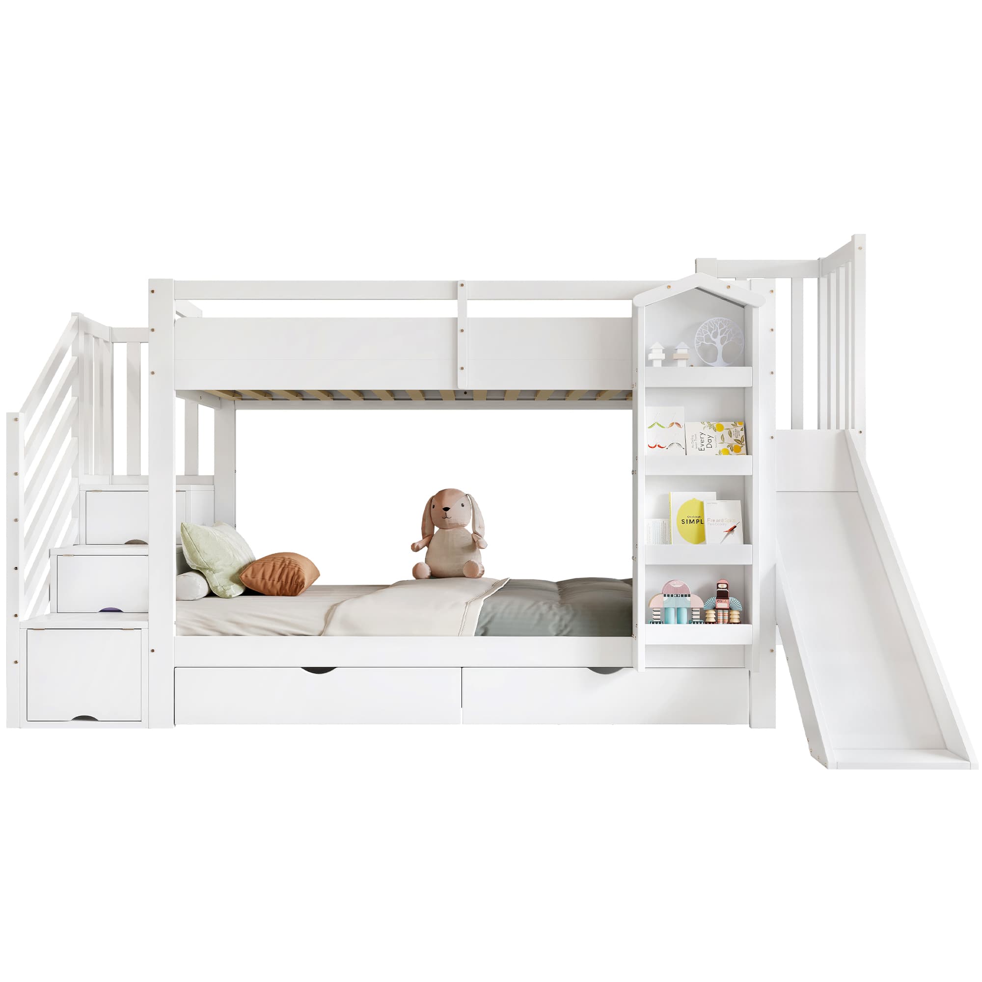 Kerrossänky, 90x200 cm, lapset, kirjahylly, liukumäki, säilytysportaat, valkoinen
