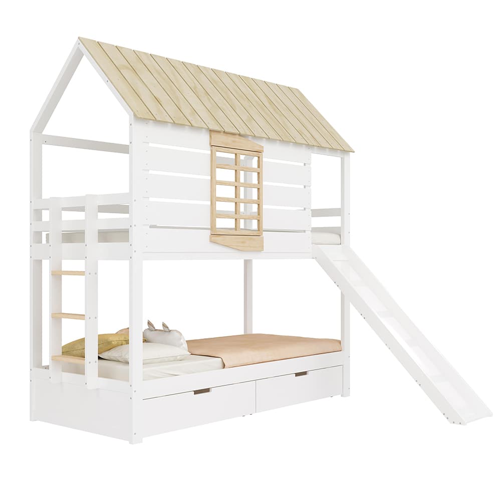 Vuodesänky 90x200 cm valkoisena+luonnonvärisenä liukumäellä ja 2 laatikoilla