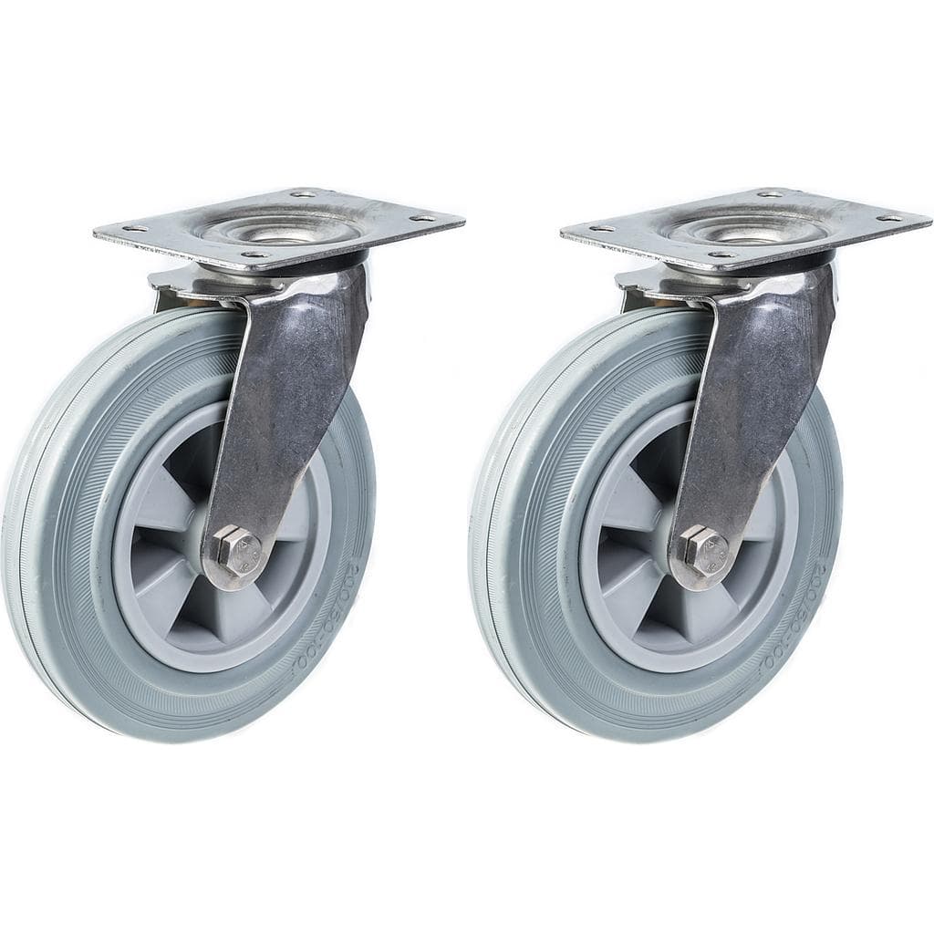 200mm 8 ruostumattomasta teräksestä valmistettu pyörä, harmaa kumi, kääntyvä, 410kg, 2 kpl:n sarja – Parnells