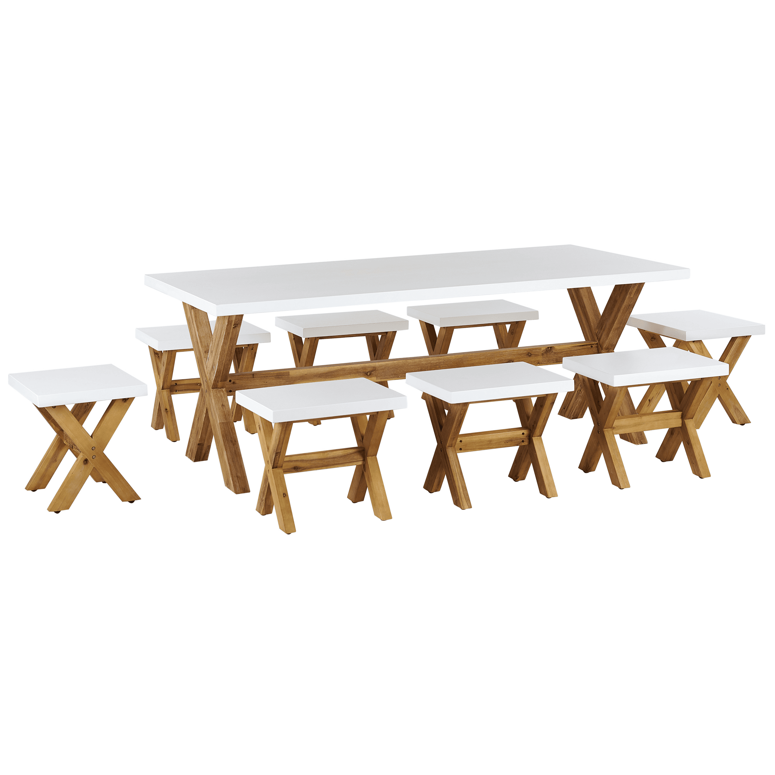 Ulkoruokailuryhmä jakkaroilla 8-istuttava OLBIA betoni Valkoinen – Beliani