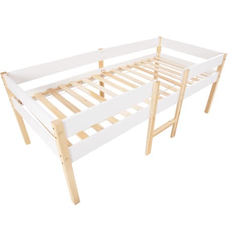 Lastensänky 90 x 200 cm laatikolla ja turvalaidalla, massiivimäntyä, valkoinen ja tammi – KOMHTOM