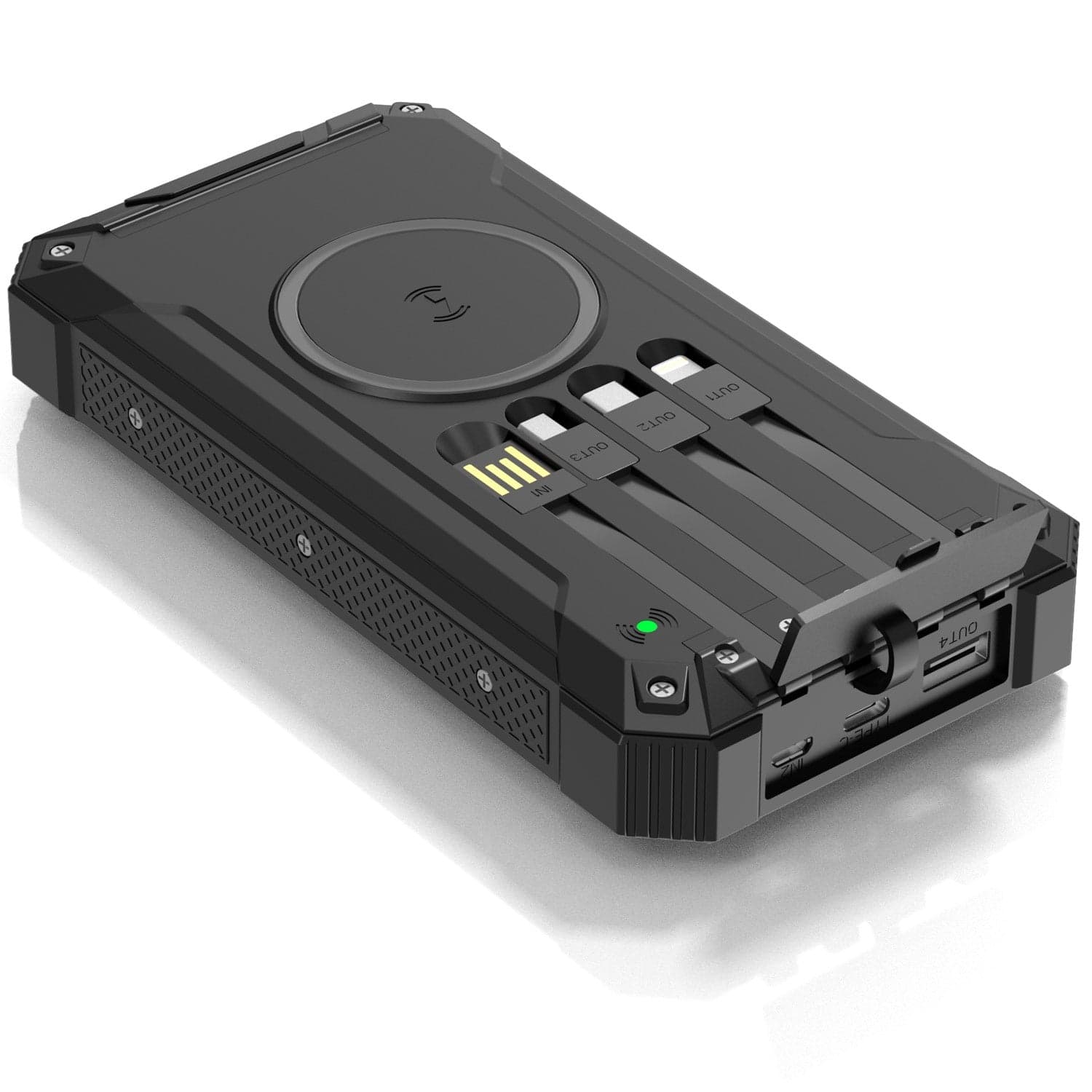 PowerBank 20 000 mAh aurinkokenno 4 kaapelia + langaton lataus Musta