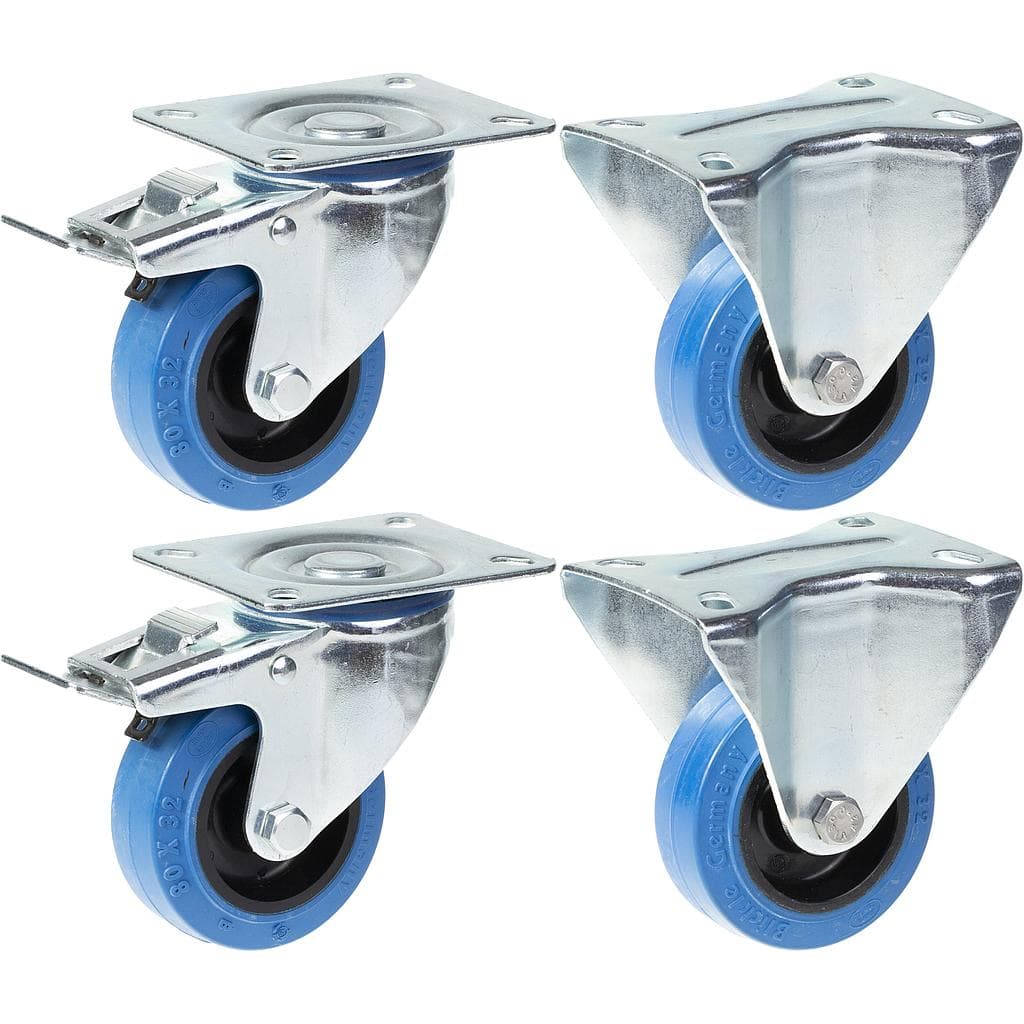 80mm 3 pyörä sininen kumijarru ja kiinteä vahva 560kg kapasiteetti, 4 kpl:n sarja – Parnells