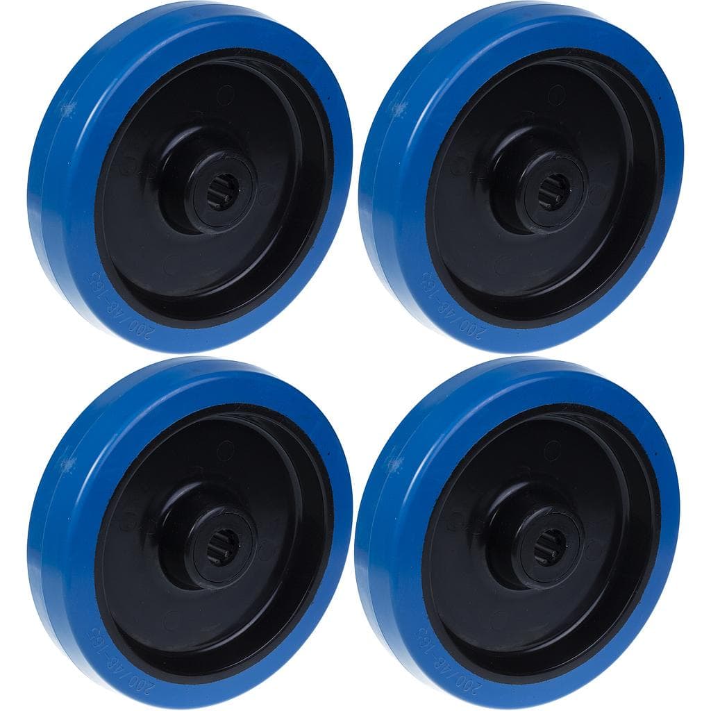200mm 8 pyörä sininen kumi nylonkeskiöllä vahva 1600kg kantavuus, 4 kpl:n sarja. – Parnells