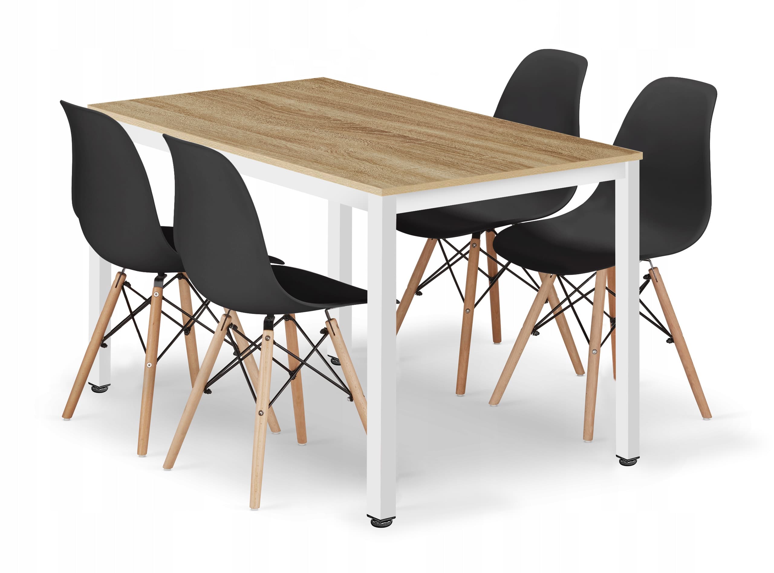 TESSA suorakulmainen pöytä 120x60 tammi, 4 OSAKA-tuolia musta – Leobert