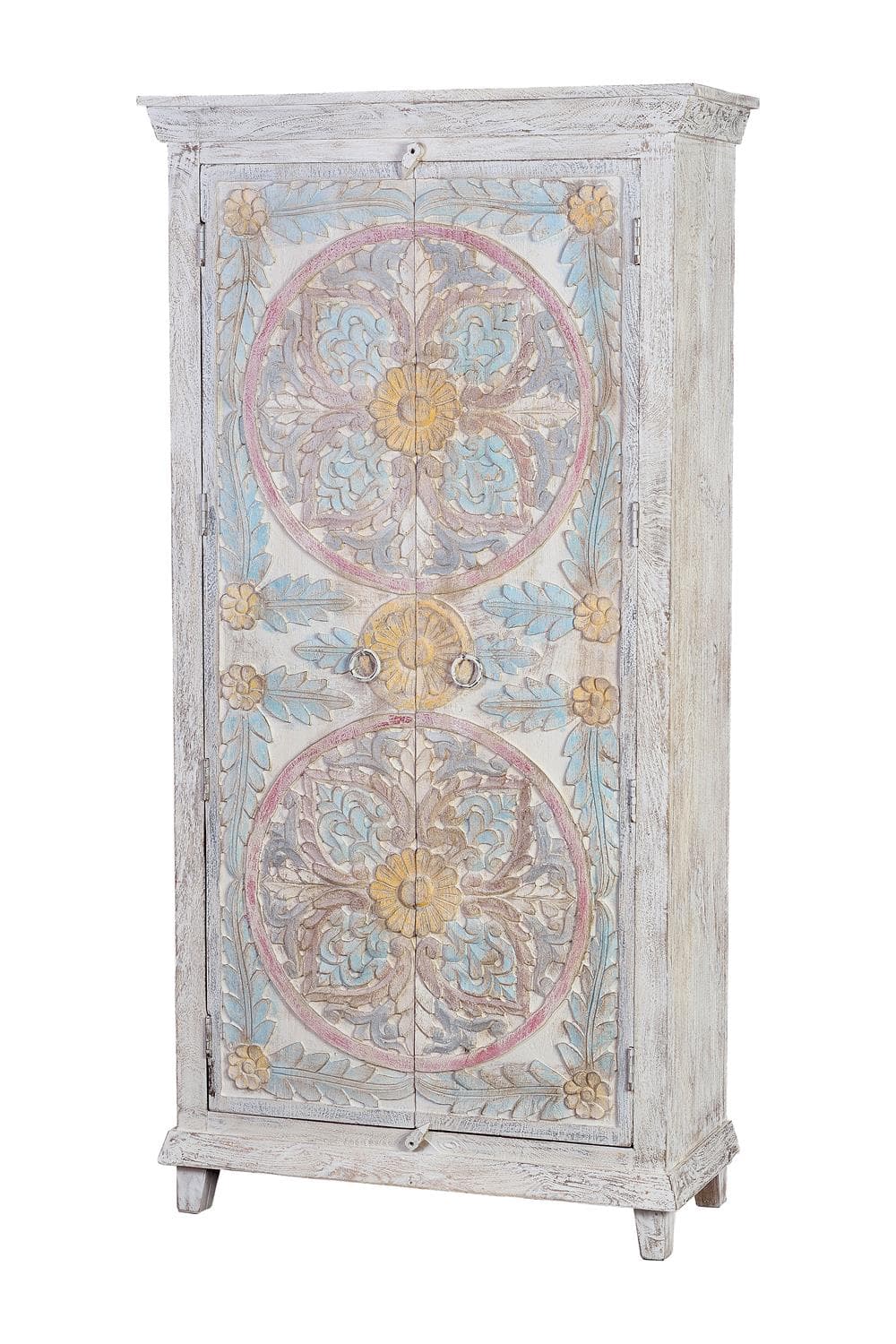 Mangopuusta valmistettu vaatekaappi, jossa on pastellisävyisiä vanhentuneita yksityiskohtia – Giner y Colomer