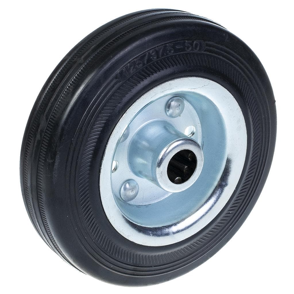 125 mm:n pyörä, jossa on musta kumipinta ja puristetusta teräksestä valmistettu keskiö – Parnells