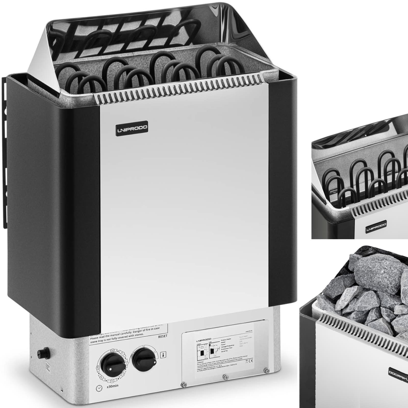 Sähkökiuas sisäänrakennetulla ohjauksella 5-9 m3 jopa 110 °C 400 V 6 kW – UNIPRODO