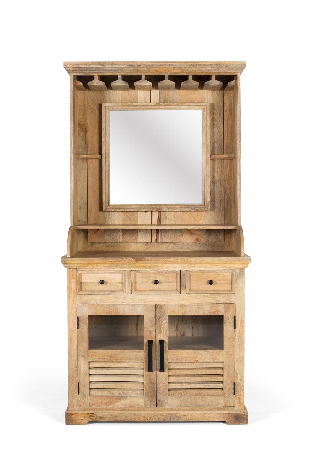 Mangopuusta valmistettu pullotelinekaappi, jossa on peili keskellä – Giner y Colomer