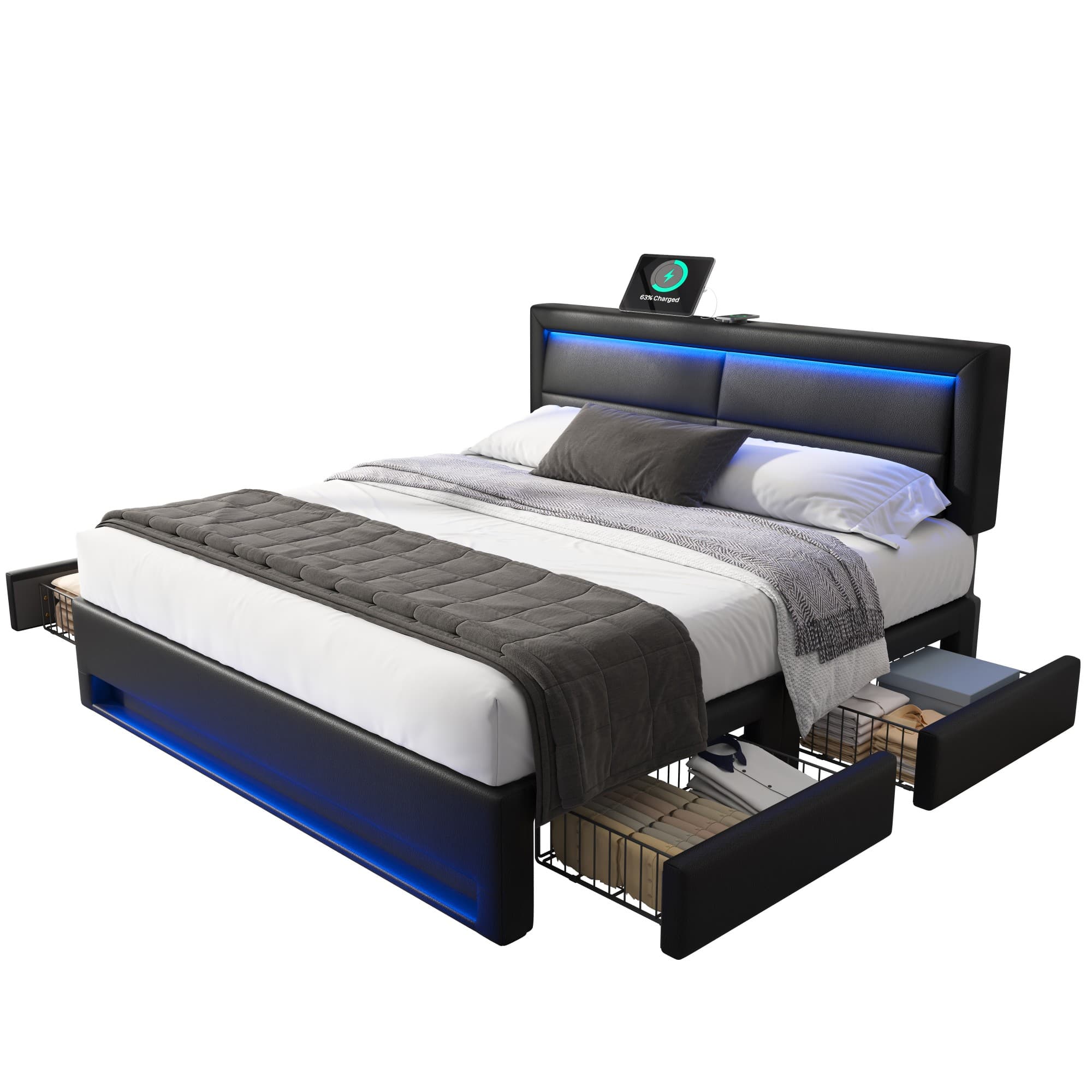 Verhoiltu Sängynrunko 140x190cm, USB-portti, LED-valaistus, Musta