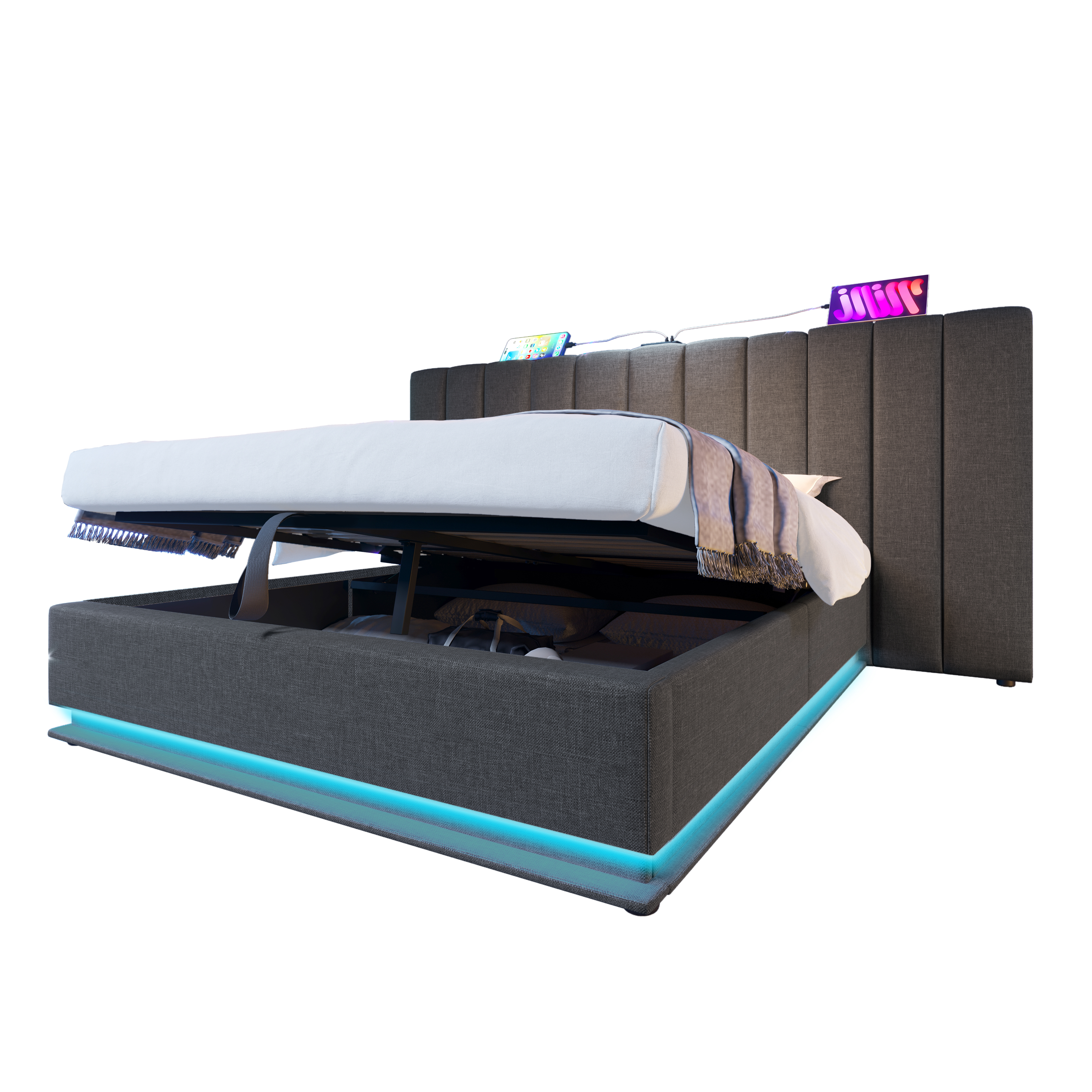 Verhoiltu parisänky, 180x200cm, sovelluksen ohjaus LED USB C -TALLENNUS, harmaa – SINGULARITY