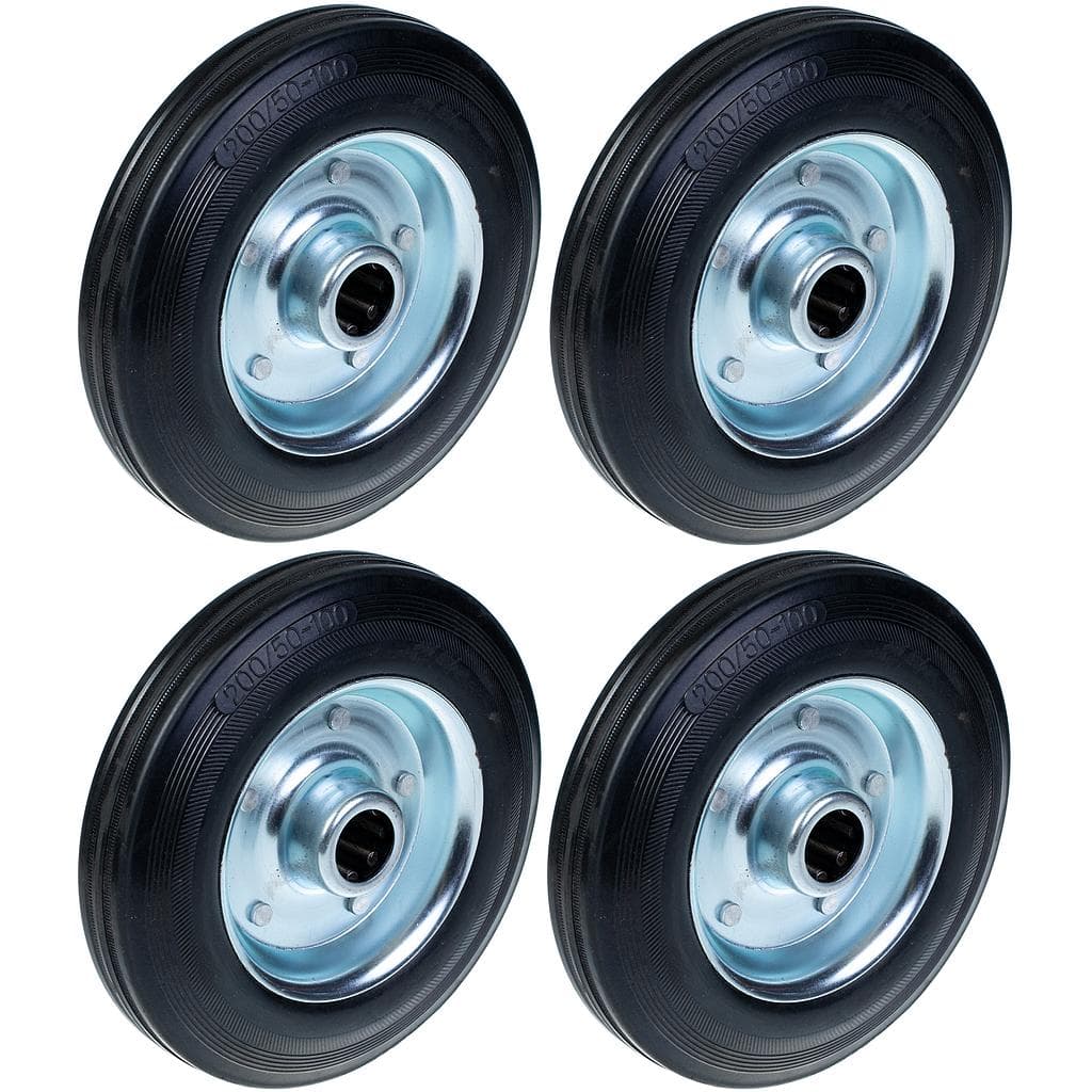200 mm:n (8 tuuman) musta kumipyörä, puristetusta teräksestä valmistettu keskiö, reiän halkaisija 25 mm, kantavuus 185 kg – 4 kpl:n sarja – Parnells