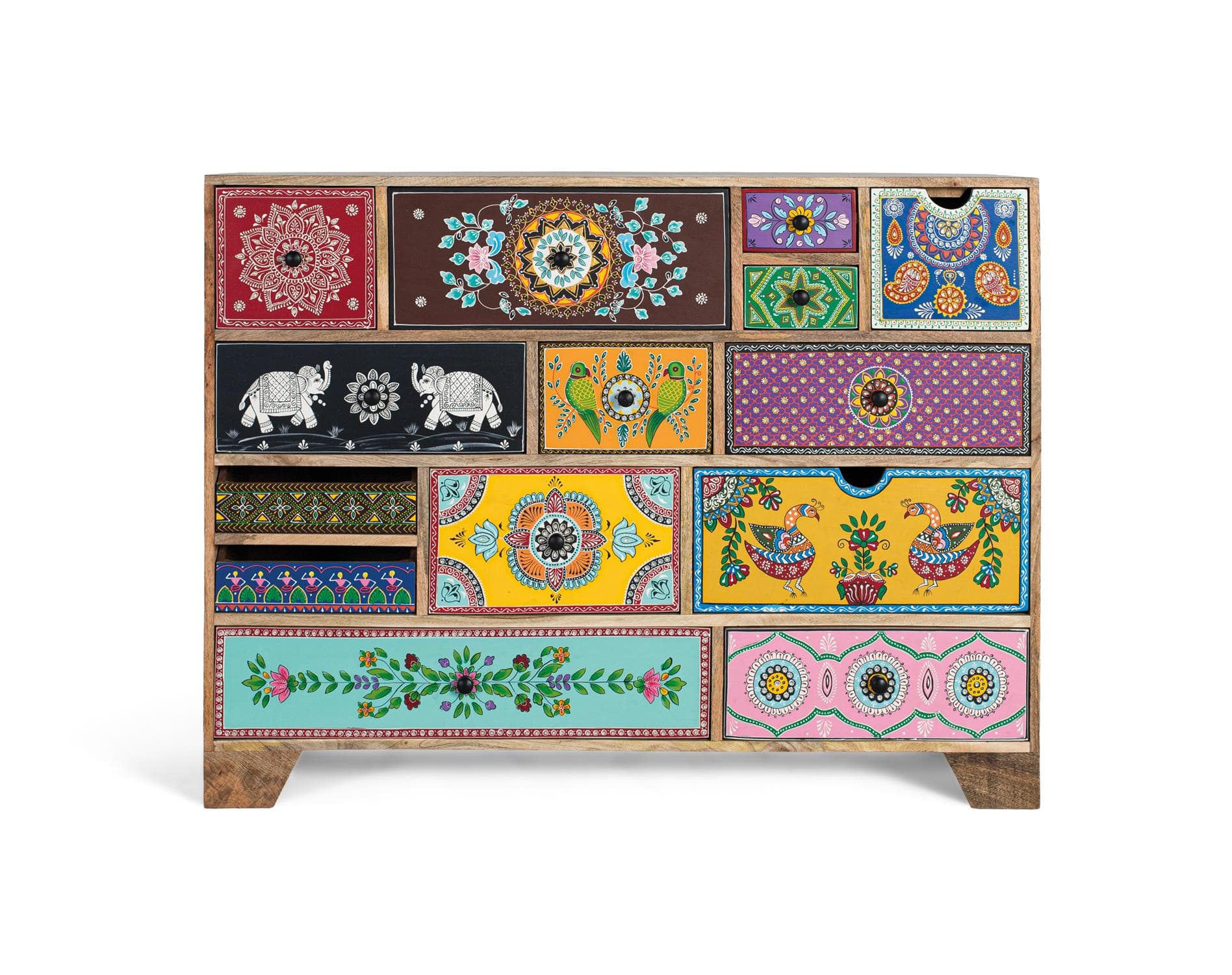 Käsinmaalattu lipasto kukilla, norsuilla ja geometrisilla kuvioilla – Giner y Colomer