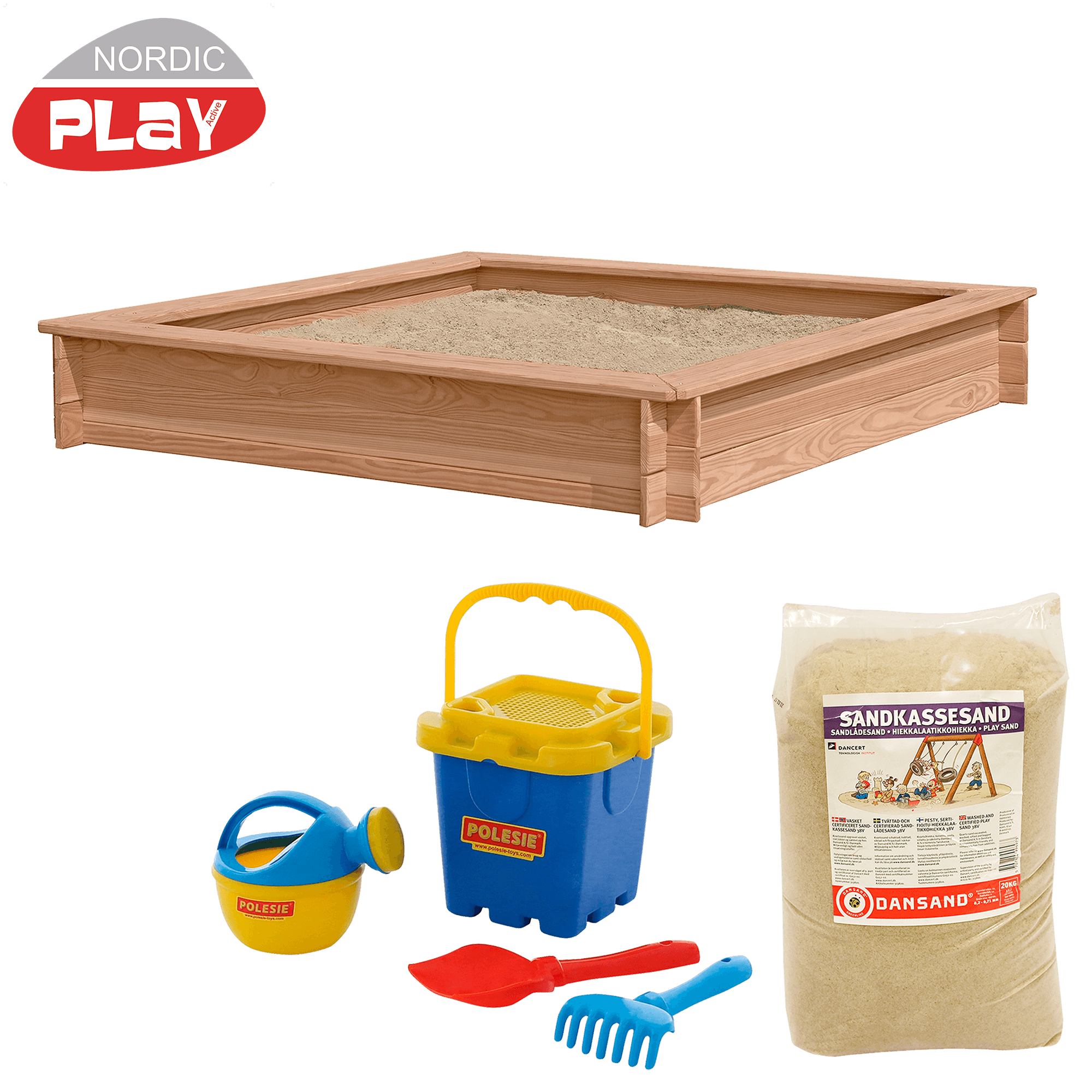 Hiekkalaatikko, lehtikuusi, 240kg hiekkaa ja sininen lelusetti, 150 x 150 cm NORDIC PLAY – Nordic Play