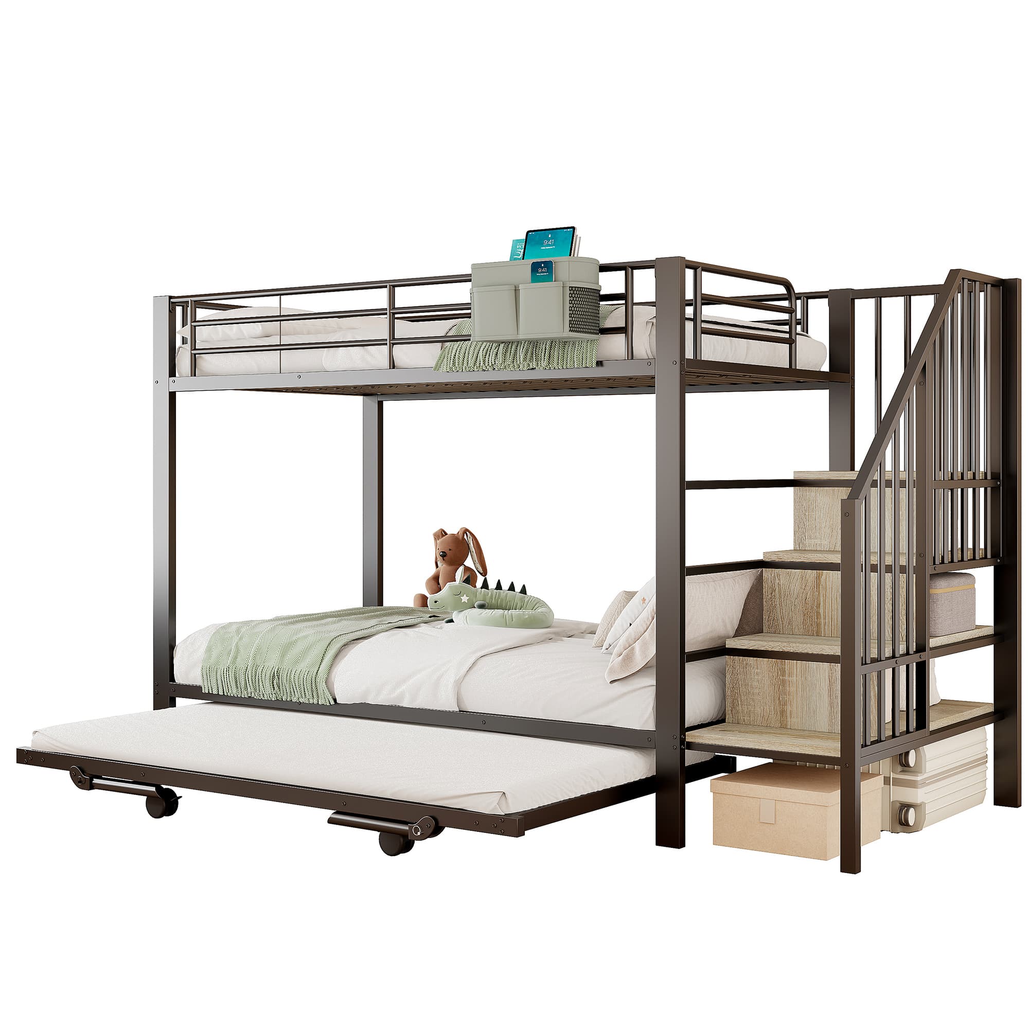 Kerrossänky, 90x200 cm ja 180x200 cm, metallirunko, sänky, säilytysportaat, musta