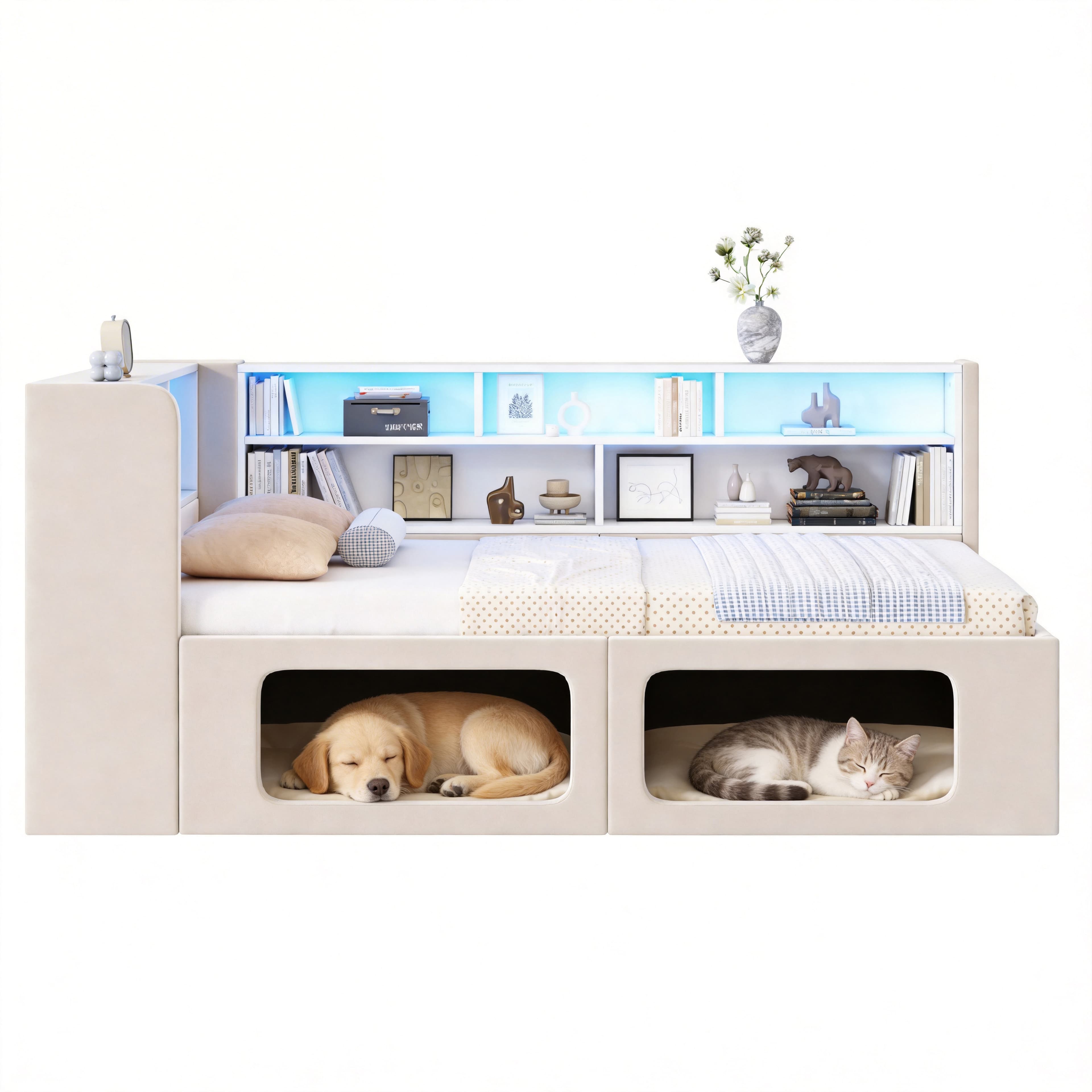 Päivävuode, 90x200 cm, lemmikkitalolla, LED, USB, säilytystila, sametti, beige – SINGULARITY