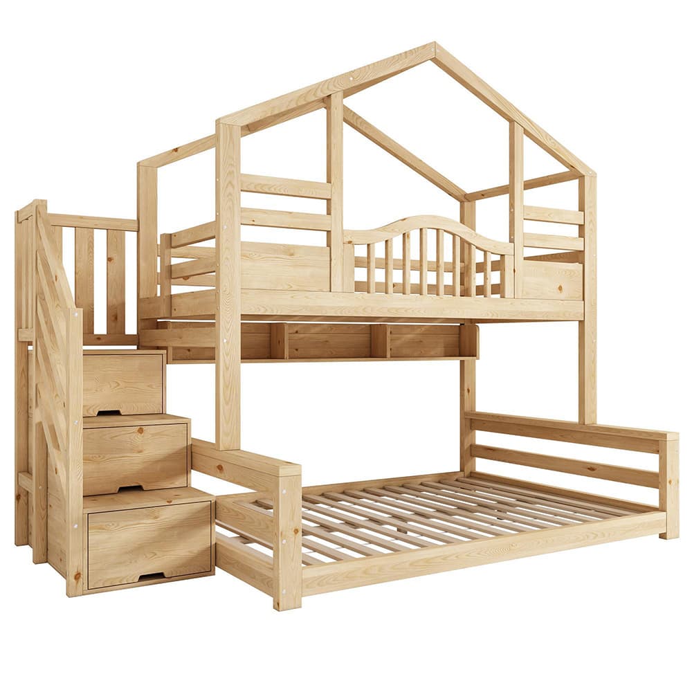 Talosänky 90x200 (yläpeti) ja 140x200 (alapeti), portaikkokaapilla, vaalean luonnonvärinen – KOMHTOM