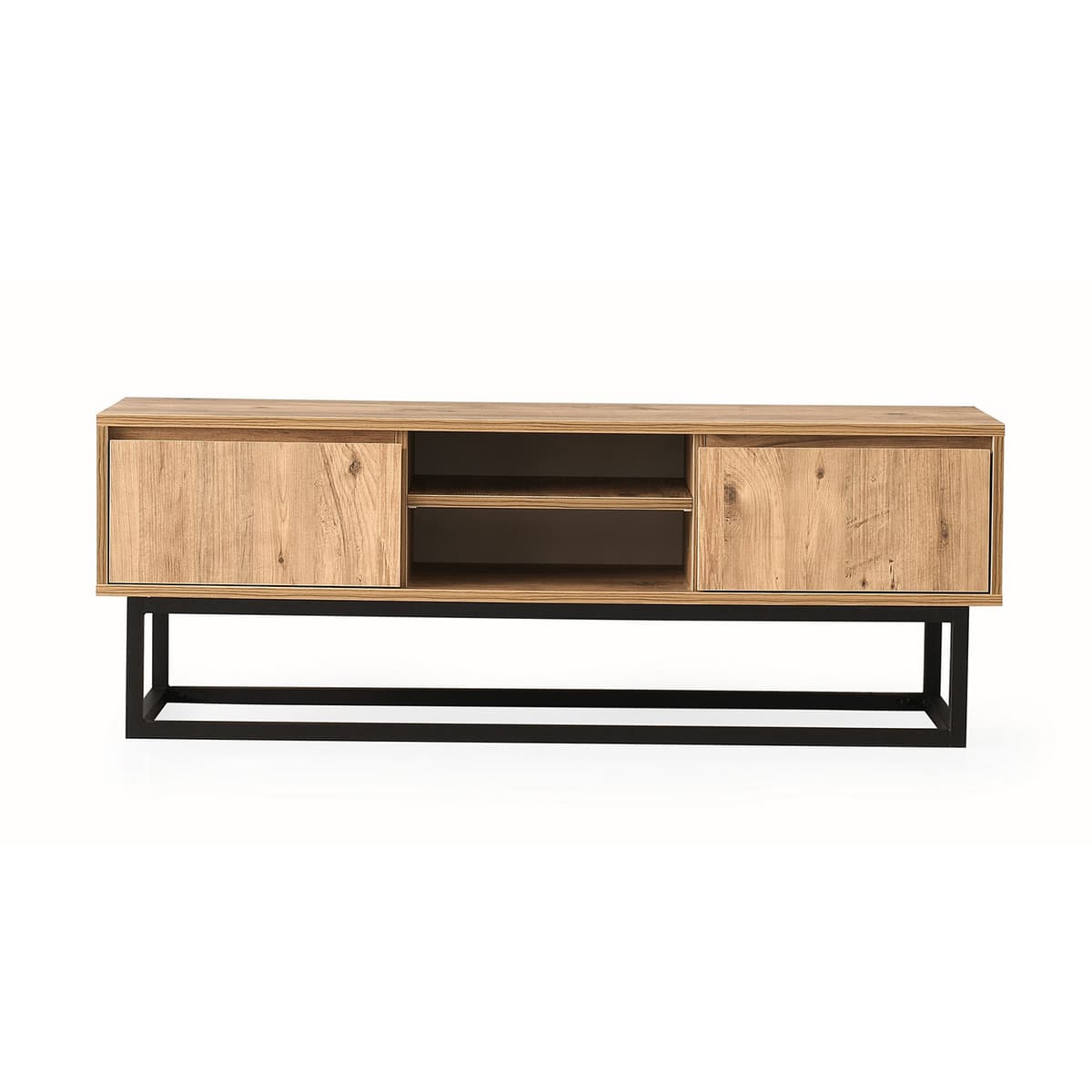 Norda Design teollismainen TV-taso metallijaloilla, musta ja mänty, 180 cm | 100 % melamiinipinnoitettu, 2 laatikkoa ja hyllyjä