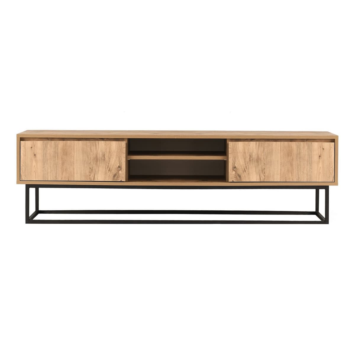 Norda Design Moderni TV-taso metallijaloilla, musta ja mänty, 140 cm | 100 % melamiinipäällystetty, 2 vetolaatikkoa, seinäkiinnitettävä