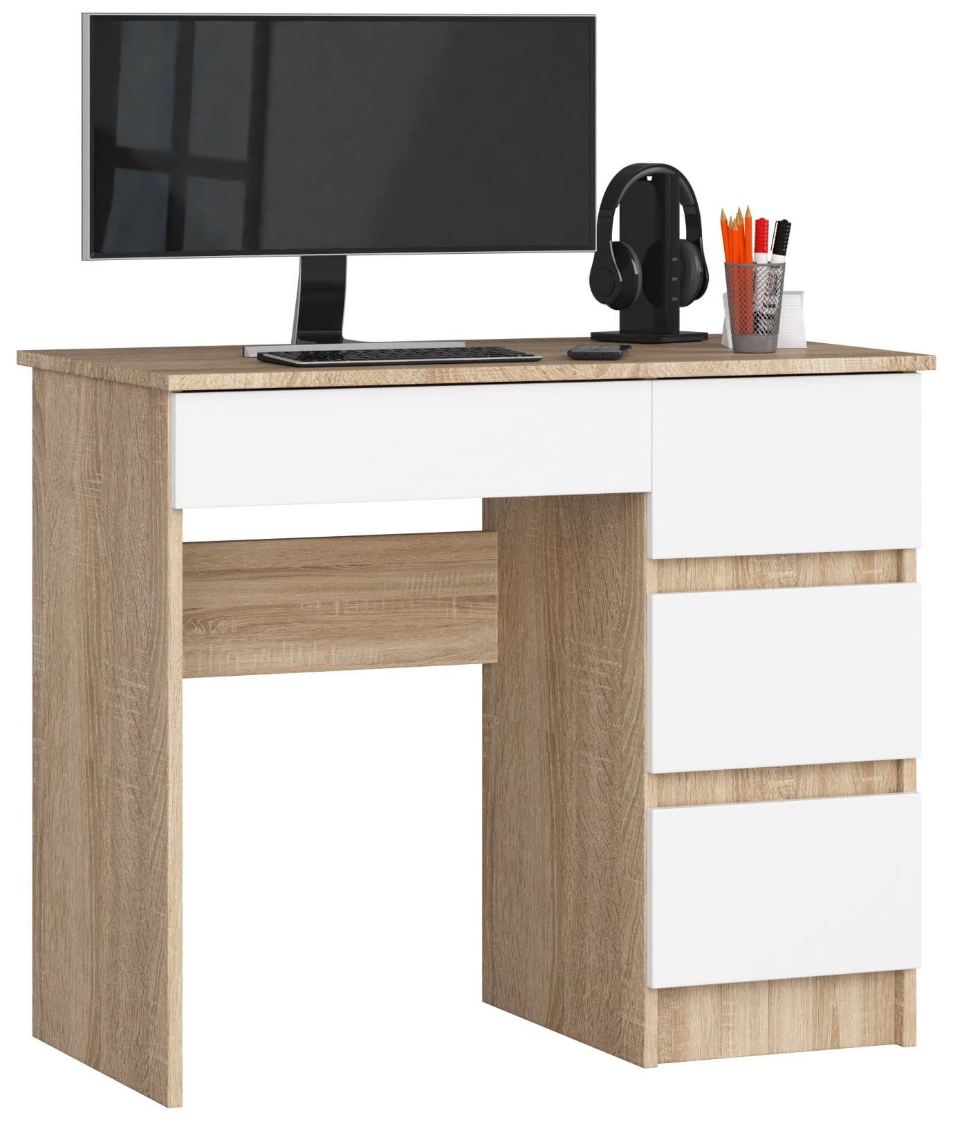 Akord Kirjoituspöytä 3 Laatikkoinen Oikea Sonoma-tammi/Valkoinen 90x50x77
