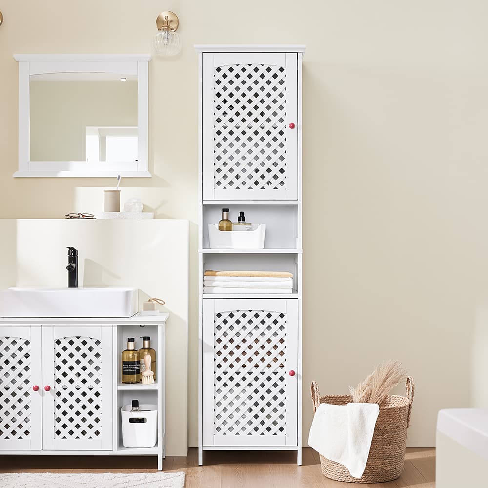 SoBuy Kylpyhuonekaappi 2-ovinen avoimet hyllyt MDF valkoinen 45x41,5x170 cm BZR209-W