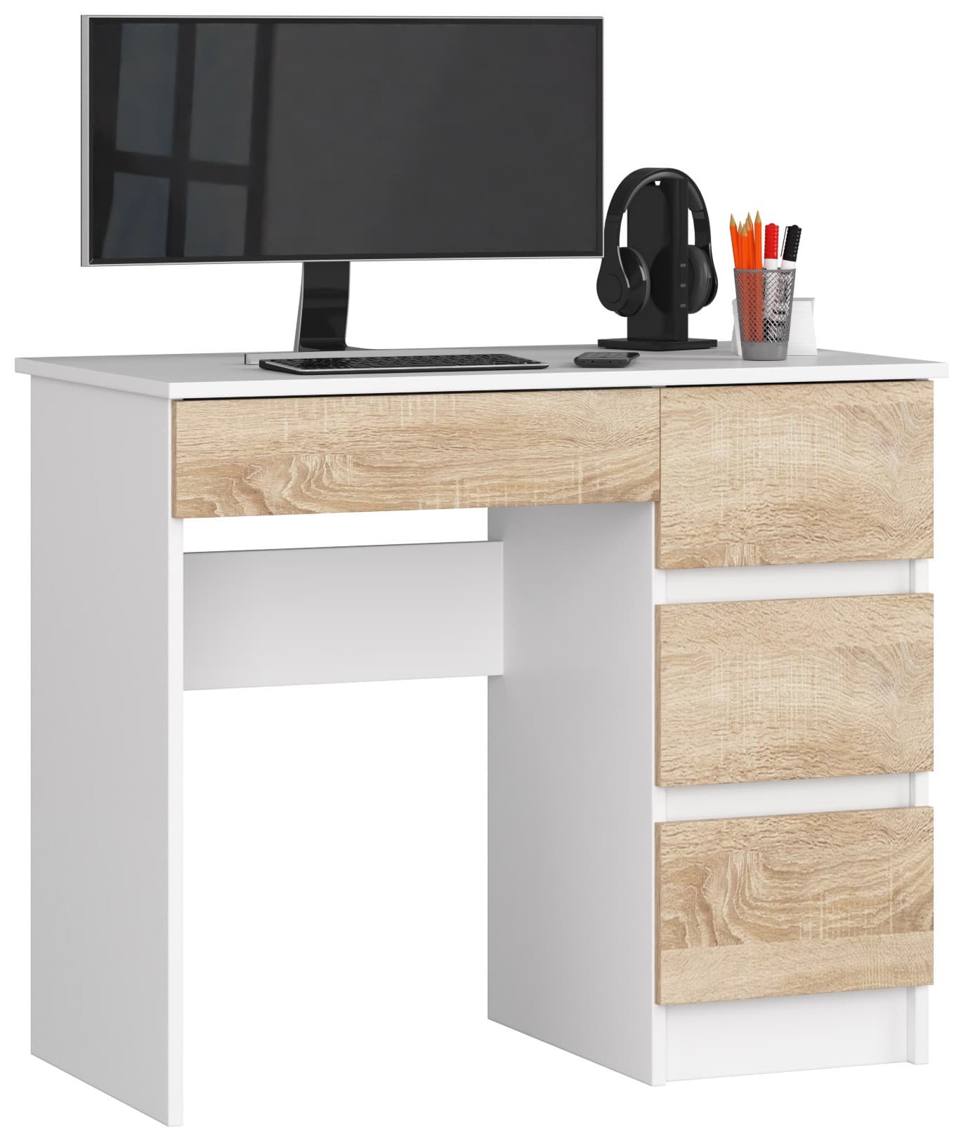 Akord Kirjoituspöytä 3 Laatikkoinen Oikea Valkoinen/Sonoma-tammi 90x50x77 – Akord
