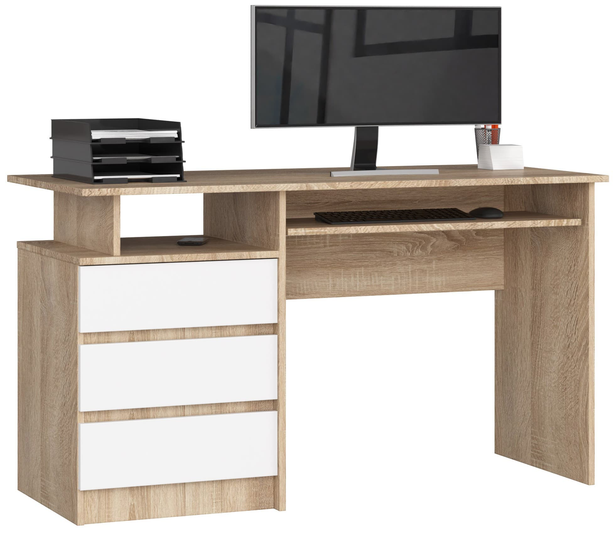 Akord Kirjoituspöytä 3 laatikkoa Sonoma-tammi/Valkoinen 135x60x77