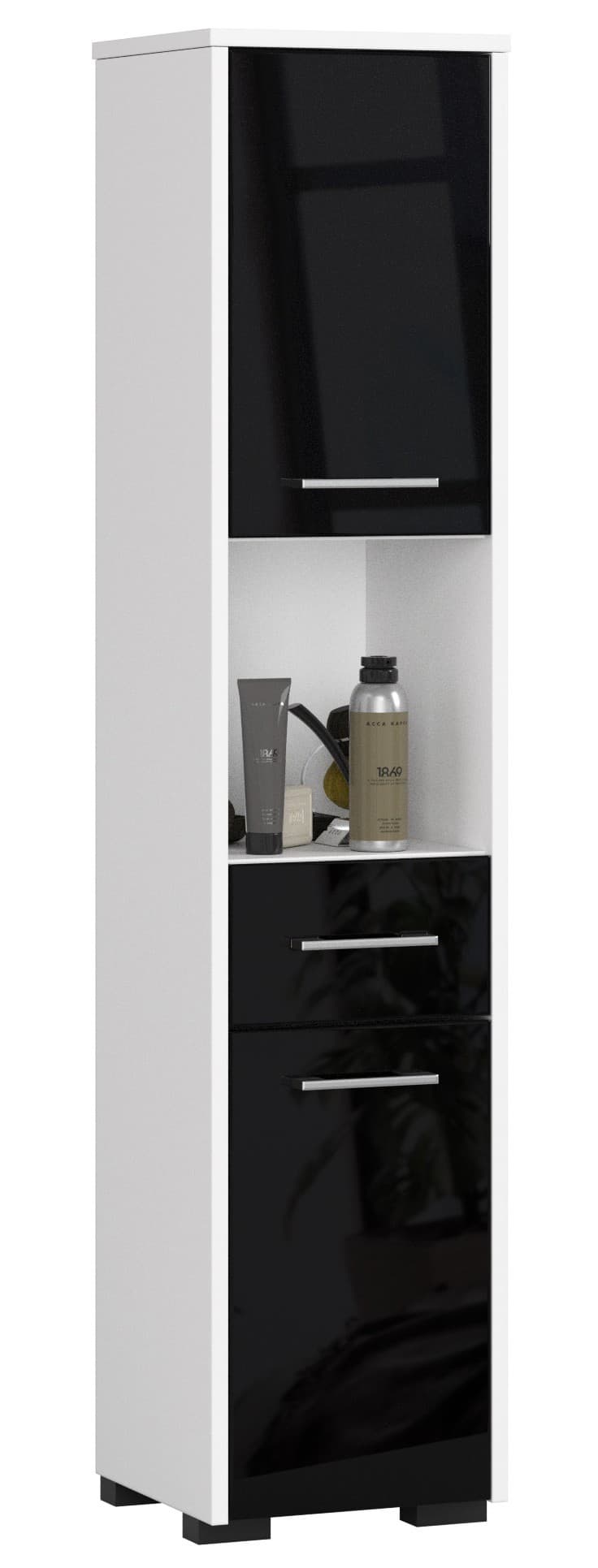 Akord Kylpyhuonekaappi korkea 2 ovea 1 laatikko 1 hylly Valkoinen/Musta Kiiltävä 30x30x140 – Akord