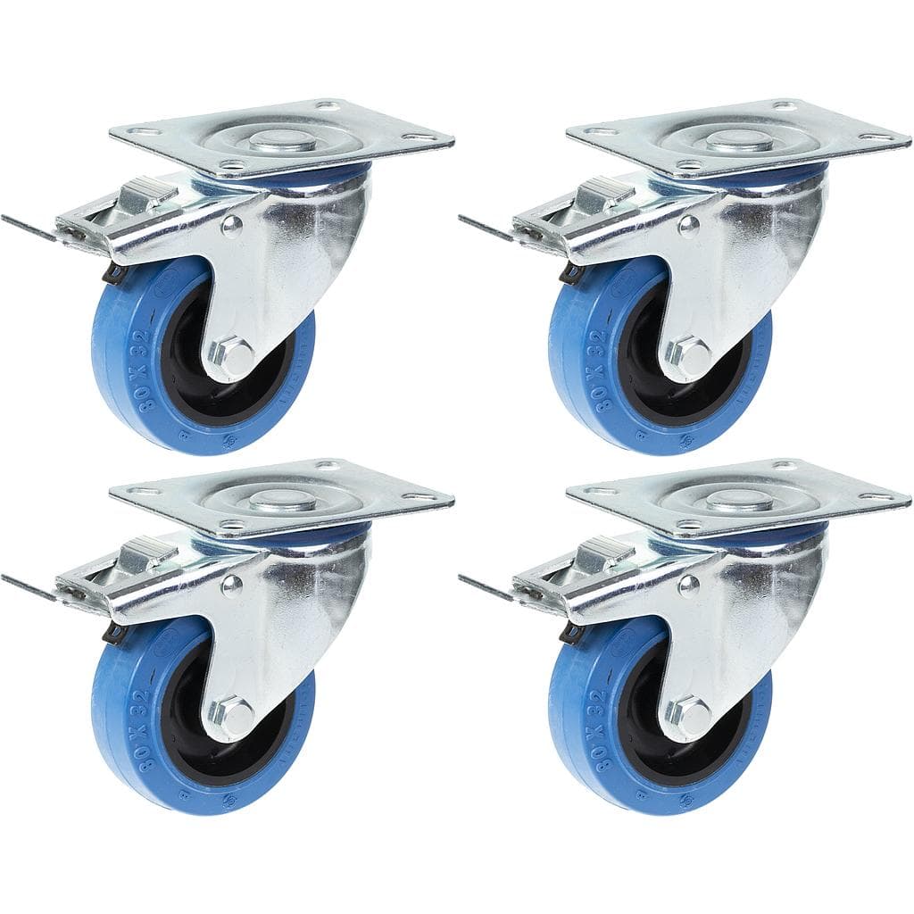 80mm 3 sininen kumi pyörivä kääntöpyörä jarrulla vahva 560kg kantavuus, 4 kpl:n sarja. – Parnells