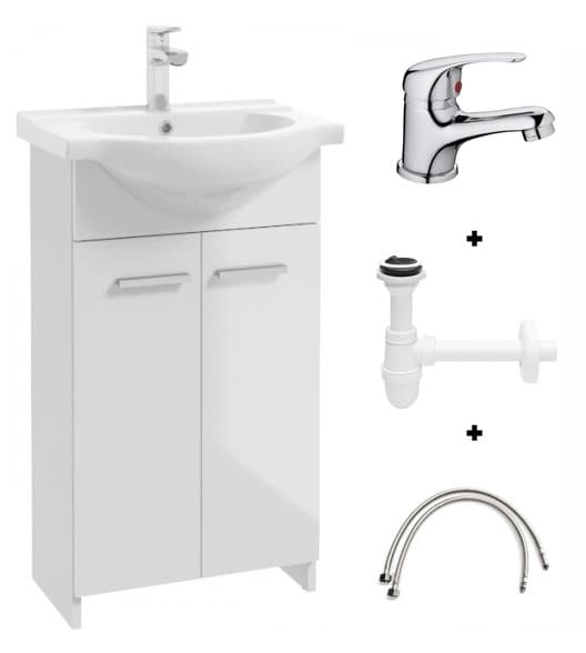 Kylpyhuonekaappi pesualtaalla 85x50 valkoinen, vapaasti seisova Marlena kromi kompaktilla hanalla