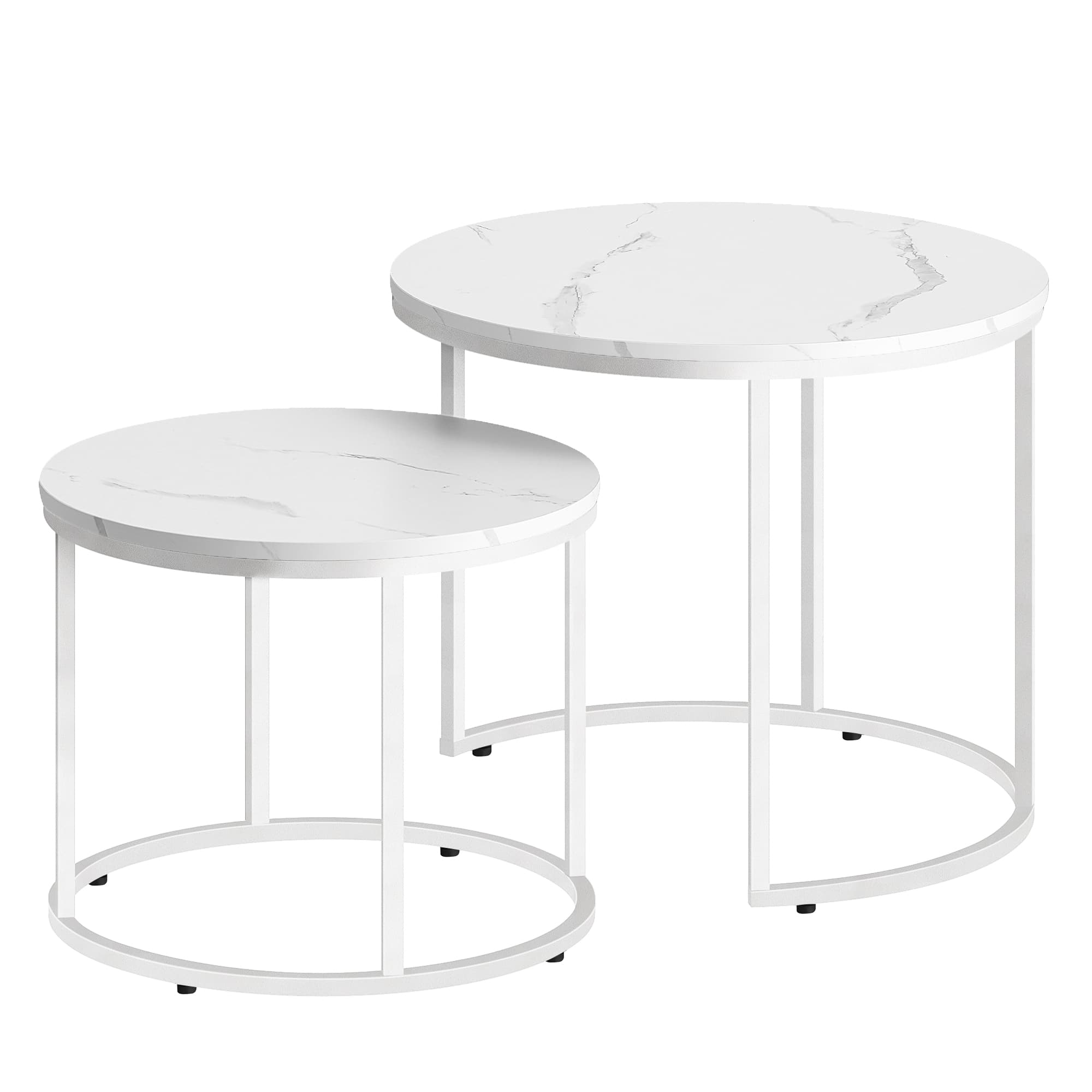 Pyöreä sohvapöytäsetti (2 kpl), marmori, valkoiset jalat