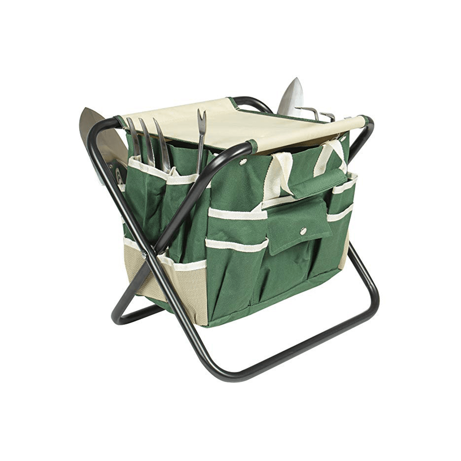 Taitettava jakkara laukulla ja puutarhatyökalusarjalla