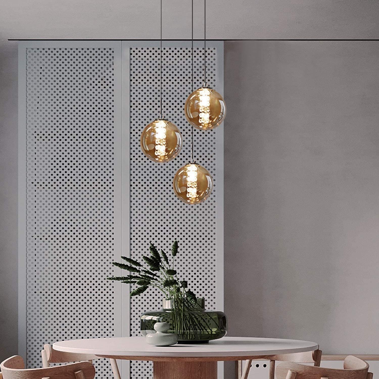 NETTLIFE Meripihkanvärinen lasinen riippuvalaisin, halkaisija 28 cm, G9, korkeussäädettävä kattokruunu, 3 meripihkanväristä lamppua – Nettlife