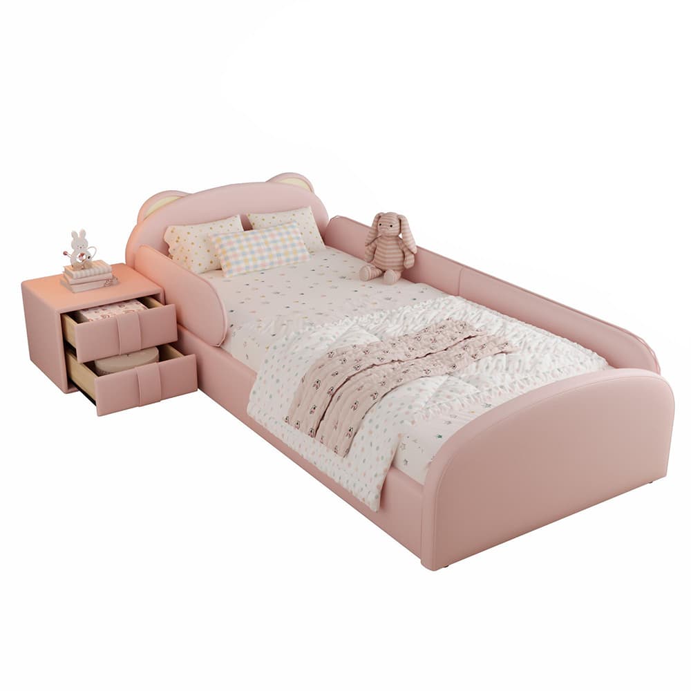 Lastensänky 90x200 cm vaaleanpunaisella yöpöydällä