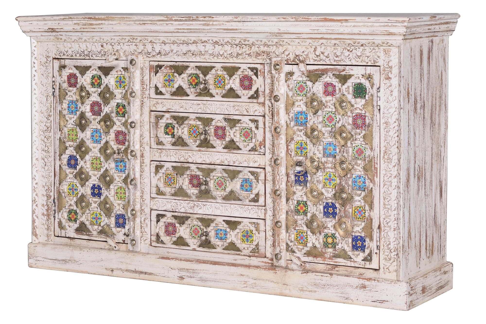 Mangopuusta valmistettu senkki keraamisilla ja pronssisilla yksityiskohdilla