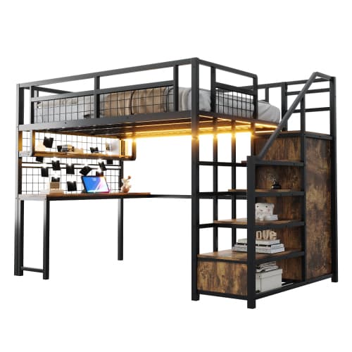 Metallinen kerrossänky 140x200, tikkailla säilytystilaa ja yksinkertaisella vaatekaapilla, hylly, pöytä, verkkohylly, LED-nauha, pistorasia, musta – SINGULARITY