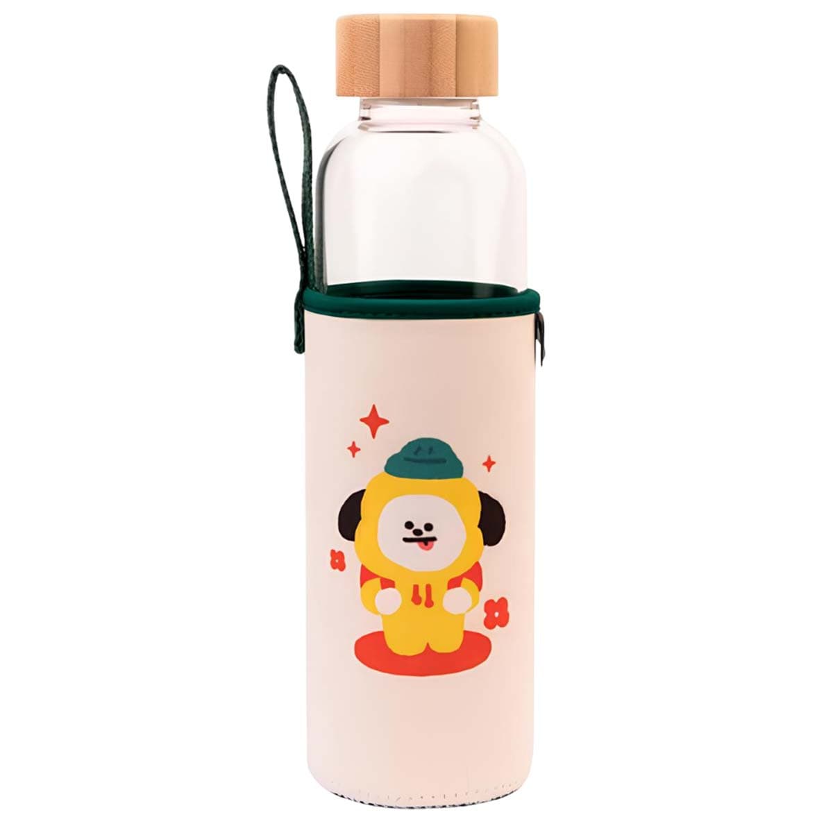 Lasinen juomapullo 500ml, uudelleenkäytettävä, CHIMMY-kuvio, kotelolla – Line Friends Bt21