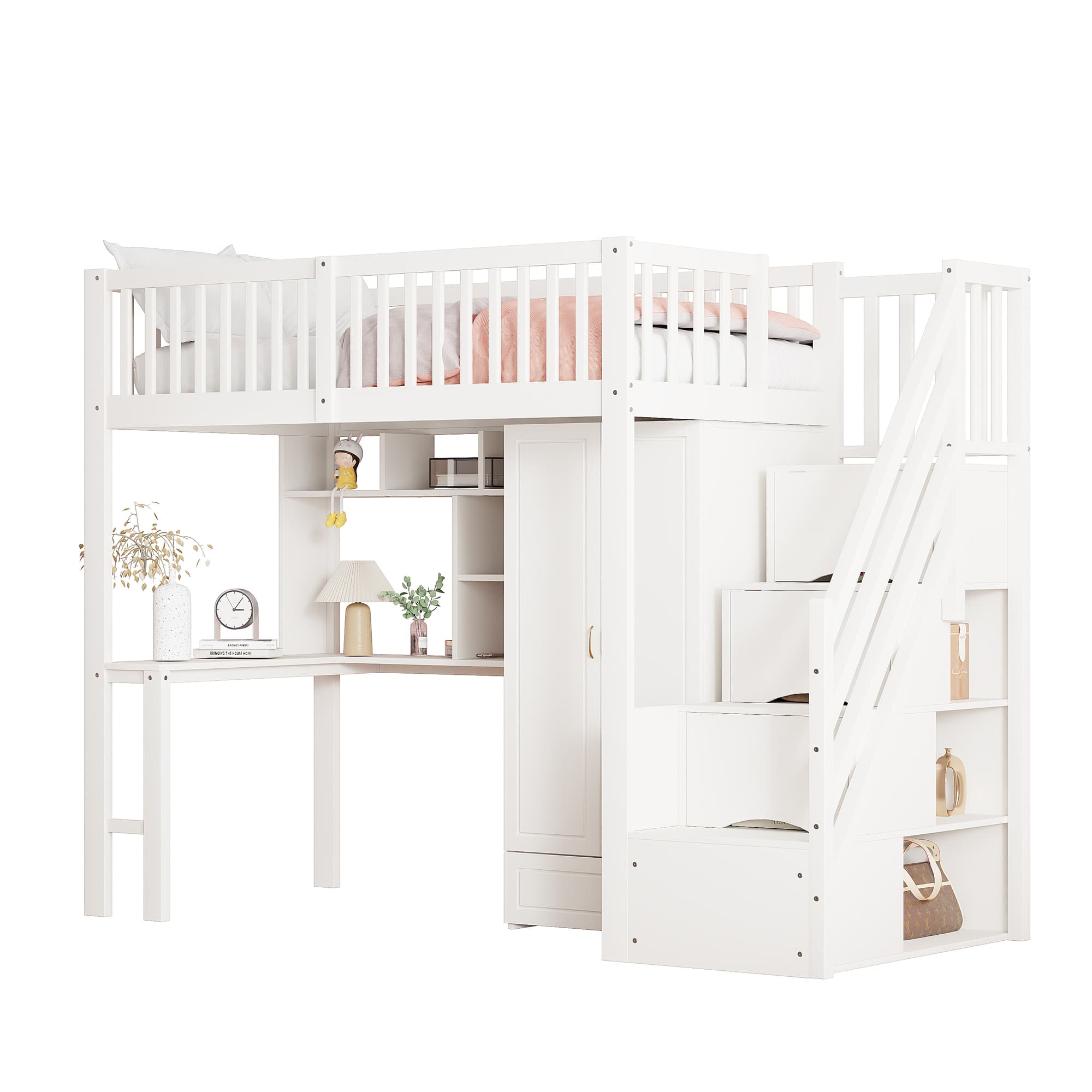 Säilytysloft-sänky, 90x200cm, vaatekaapin, hyllyn, työpöydän ja portaiden kanssa, valkoinen – SINGULARITY