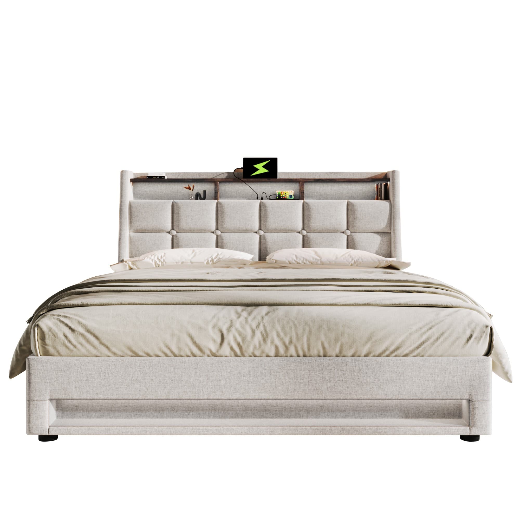 Verhoiltu parisänky, 160x200cm, LED- ja USB-lataus, beige liinavaate – SINGULARITY