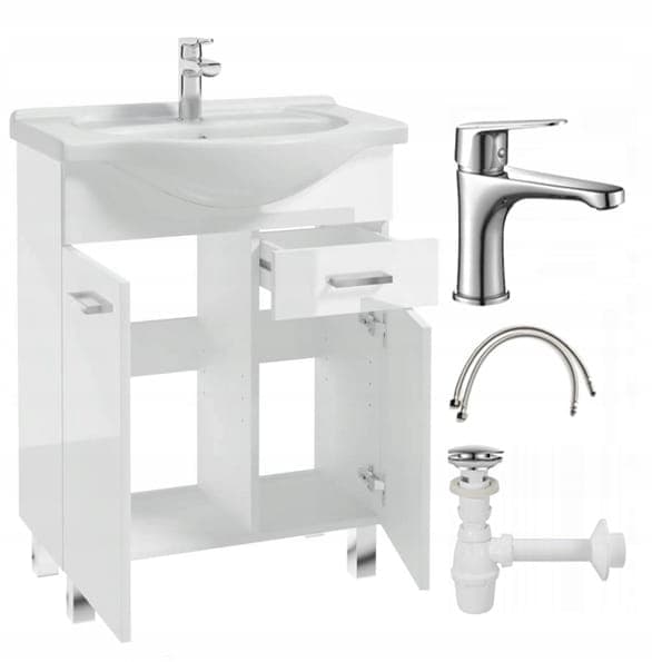 Kylpyhuonekaappi pesualtaalla jaloilla 85x55, seisova valkoinen Mea pitkänomainen kromihana