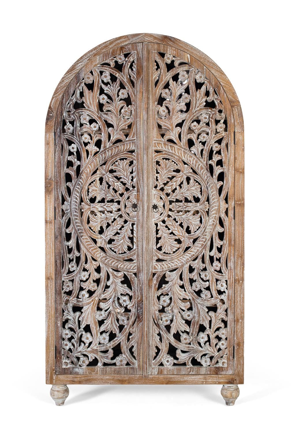 Tiikkipuinen vaatekaappi käsintehdyillä veistoksilla ja pestyllä valkoisella viimeistelyllä, 188 cm