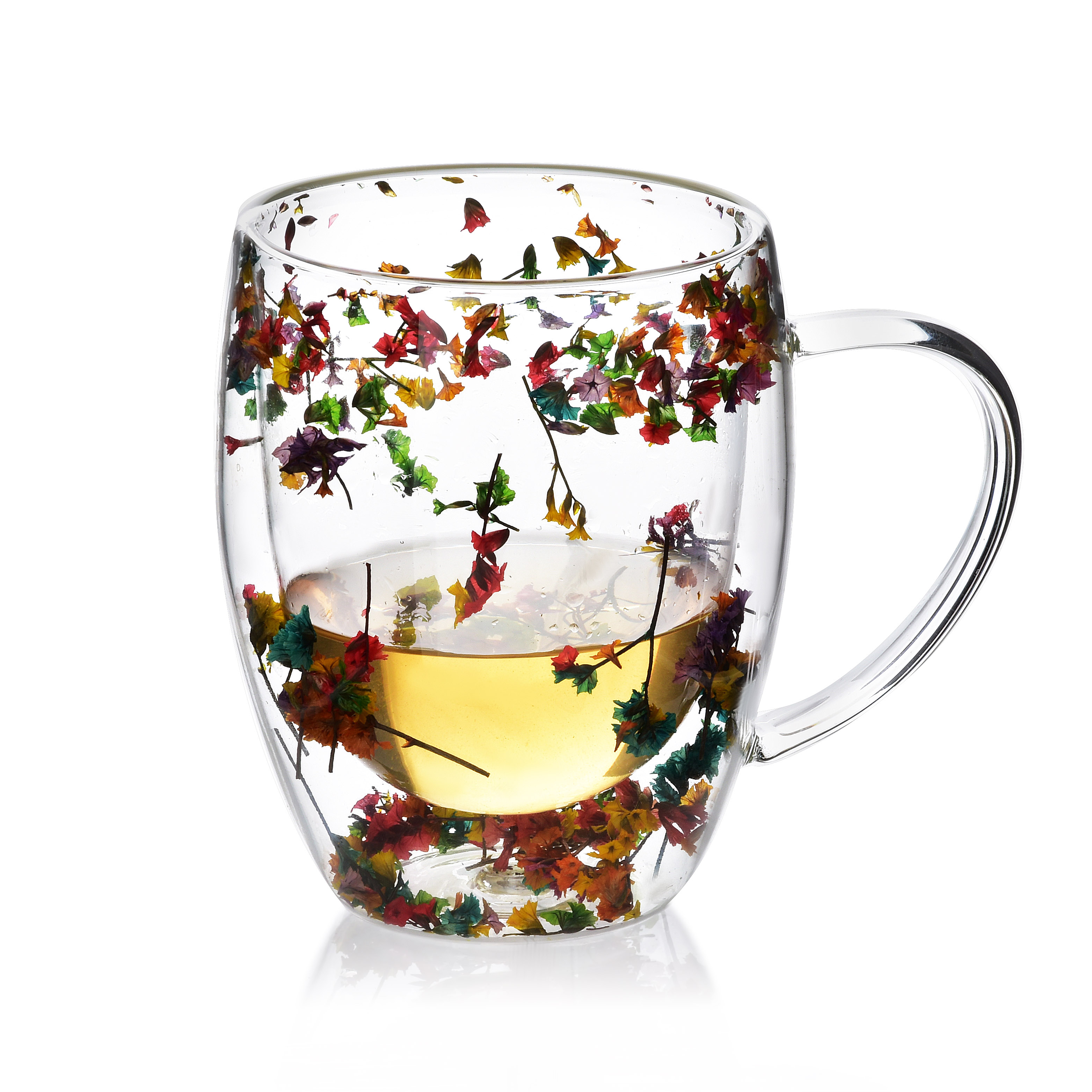 Allesken, Kaksiseinäinen borosilikaattilasi muki kuivatuilla kukilla, 320 ml, P:12,5 cm x L:8,5 cm x K:10 cm