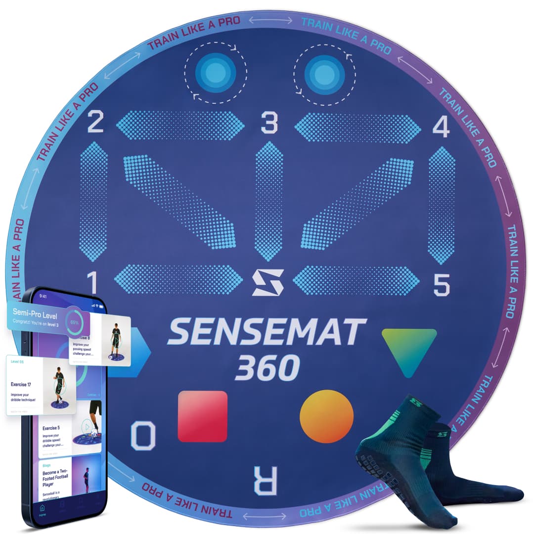 SenseBall® SenseMat 360 jalkapallon harjoittelumatto ja sovellus - 360° pinta, luistamaton TPU ja PE-vaahto, mukana pitosukat ja yli 50 harjoitetta – Senseball