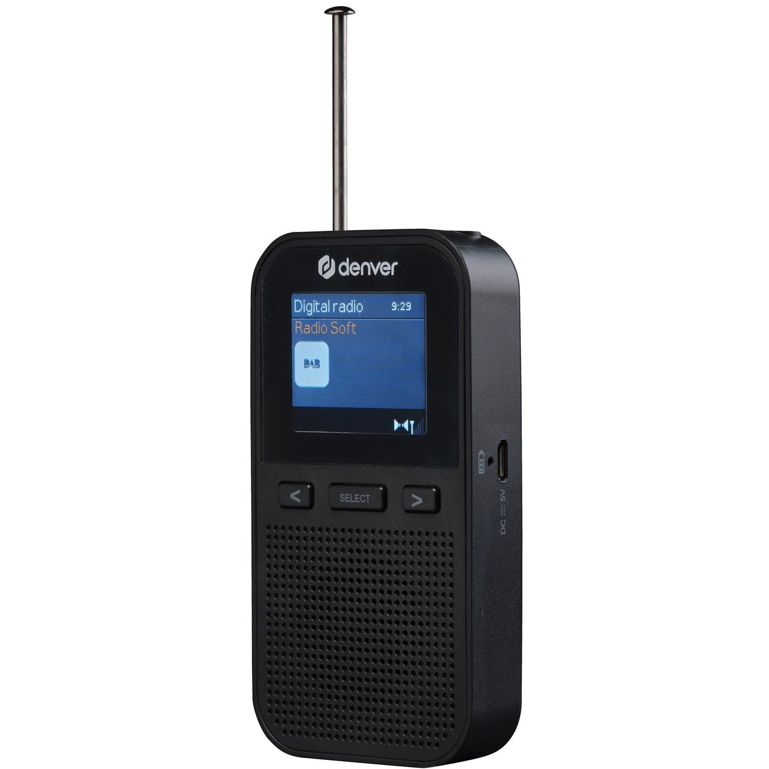 Kädessä pidettävä DAB+/FM-radio sisäänrakennetulla kaiuttimella