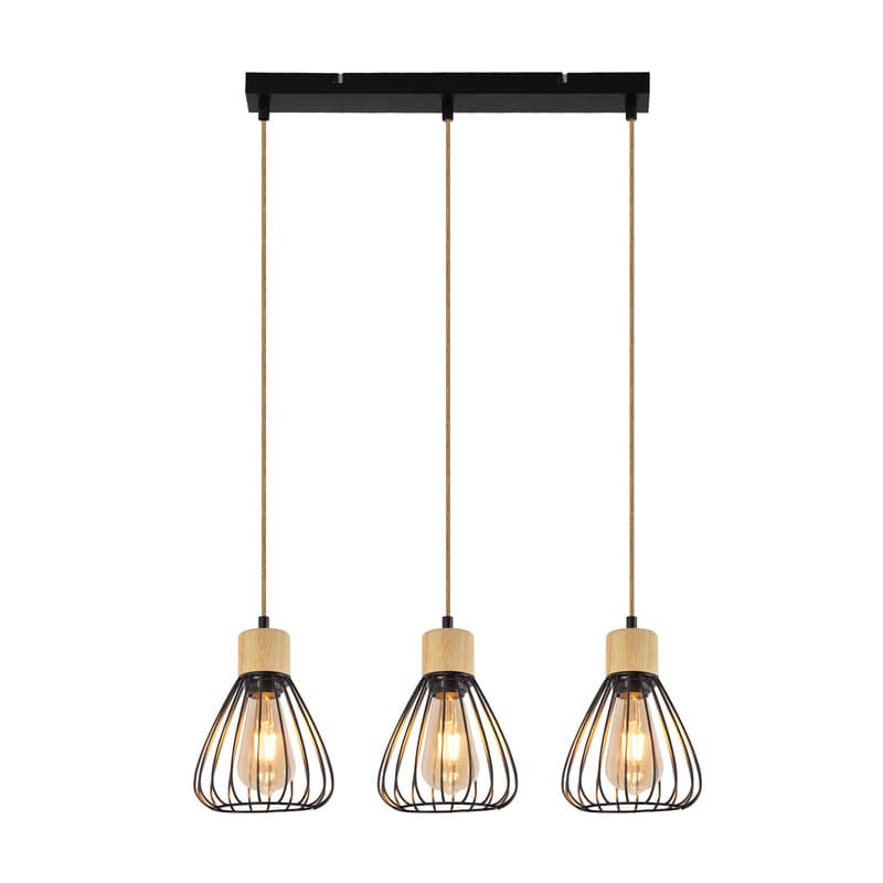 NETTLIFE-riippuvalaisin, vintage-tyylinen teollinen retro-olohuoneen riippuvalaisin, puuta ja hamppuköyttä, musta metalli, 3 liekkiä, E27 – Nettlife