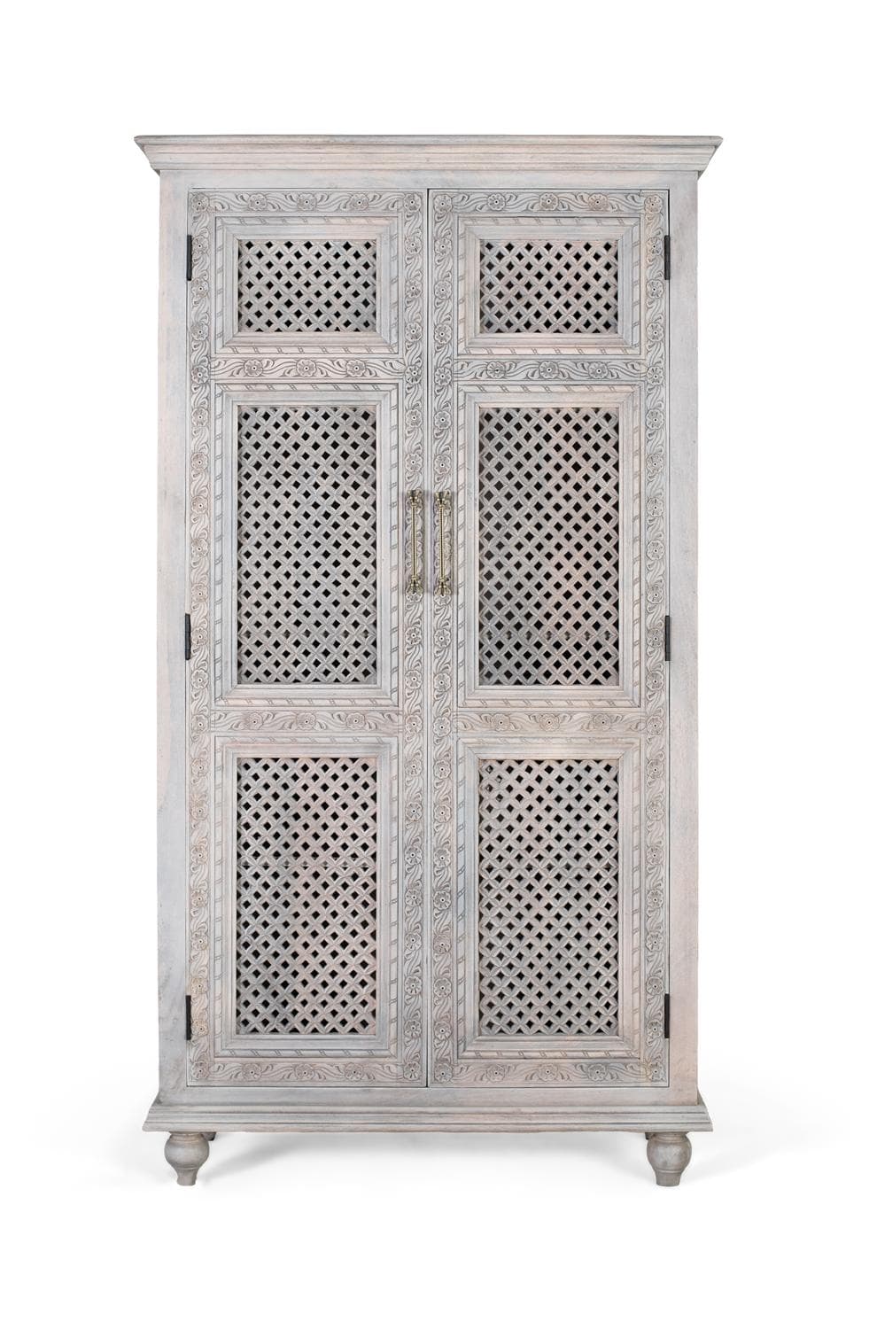 2-ovinen vaatekaappi massiivimangopuusta, jossa on ikääntynyt viimeistely