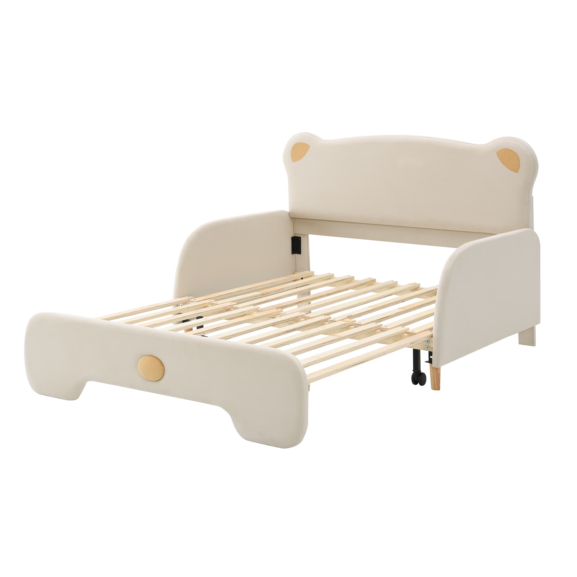 Verhoiltu sänky 140x105cm ja 140x200cm, karhunmuotoinen parisänky, lastensänky, ulosvedettävä sänky suojareunoilla, sametti, beige – KOMHTOM