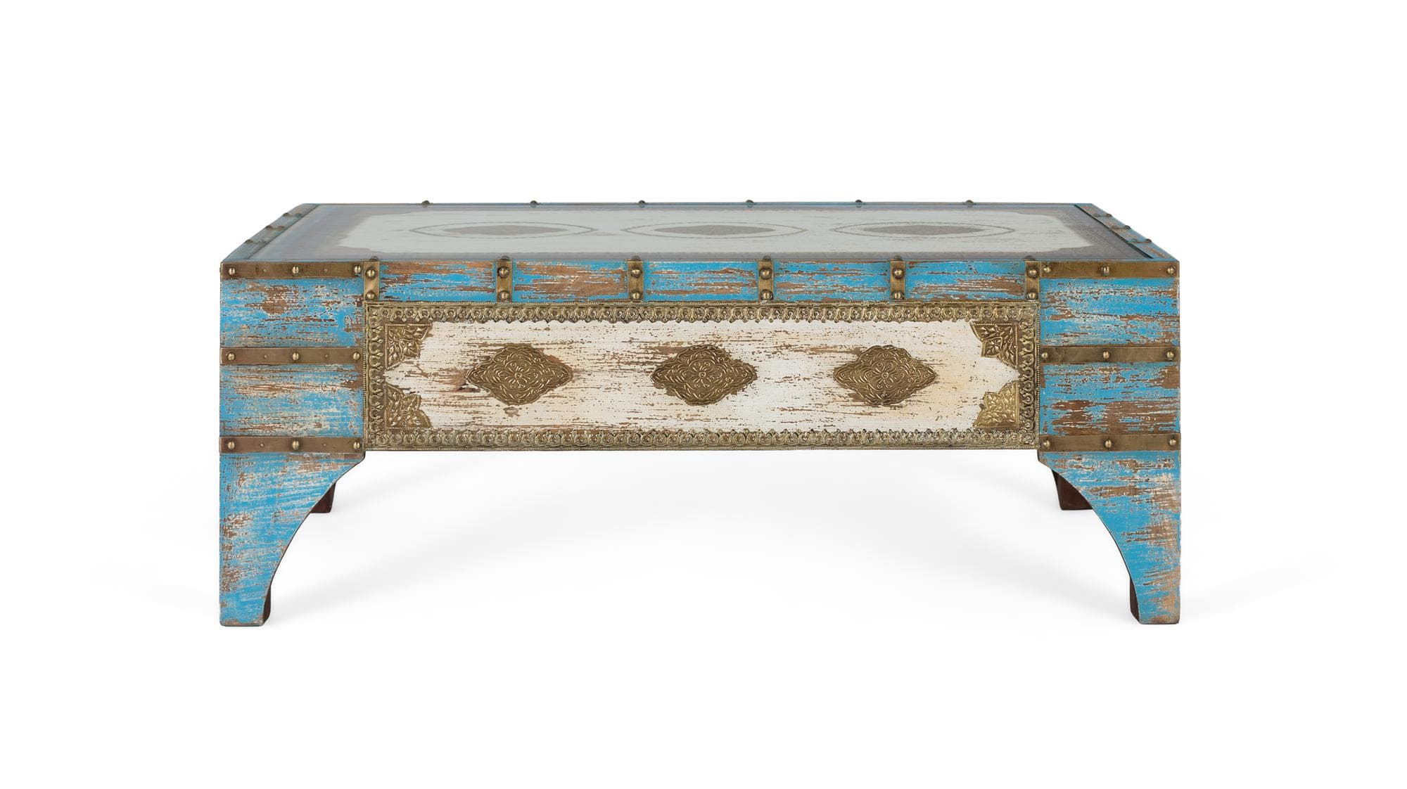 Mangopuusta valmistettu sohvapöytä ikääntyneen sinisen ja valkoisen sävyissä – Giner y Colomer